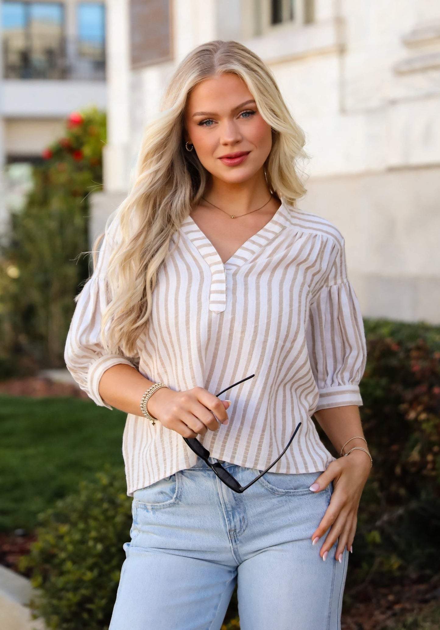 FINAL SALE - Blissfully Beaming Taupe Striped Blouse