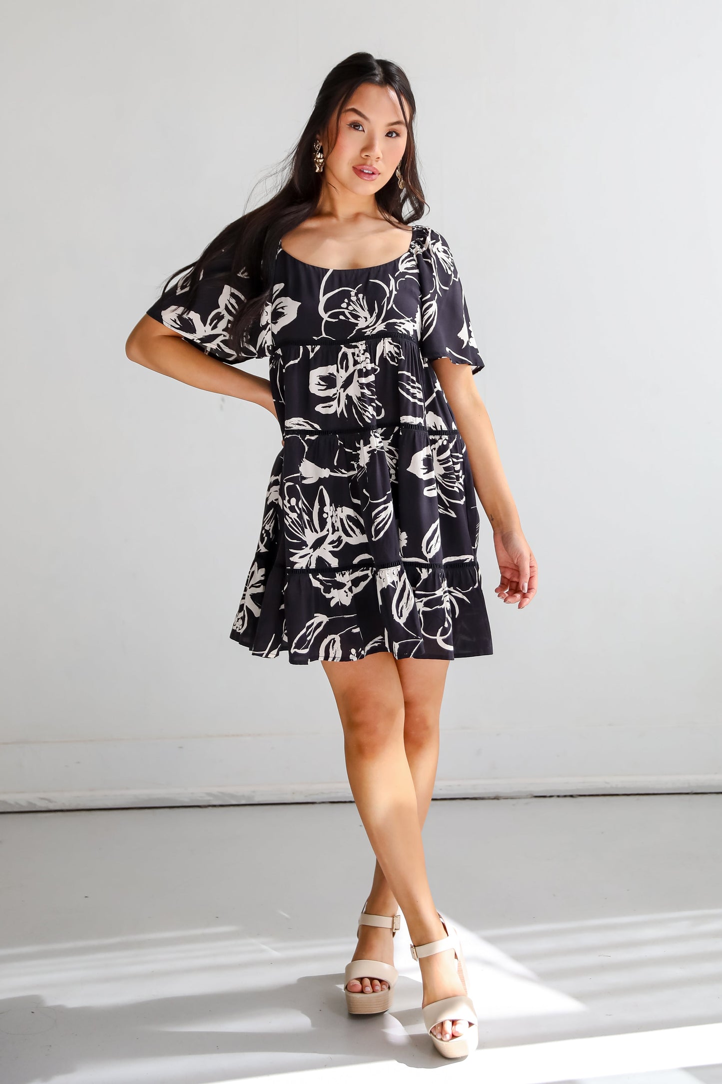 FINAL SALE - Flowering Day Black Floral Tiered Mini Dress