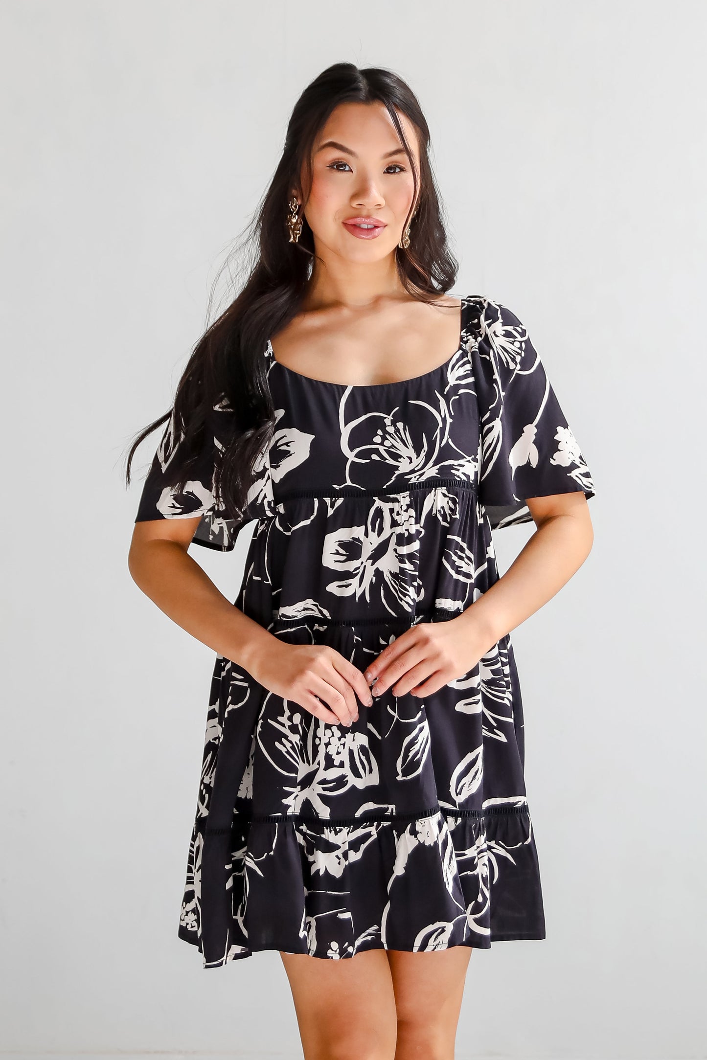 FINAL SALE - Flowering Day Black Floral Tiered Mini Dress