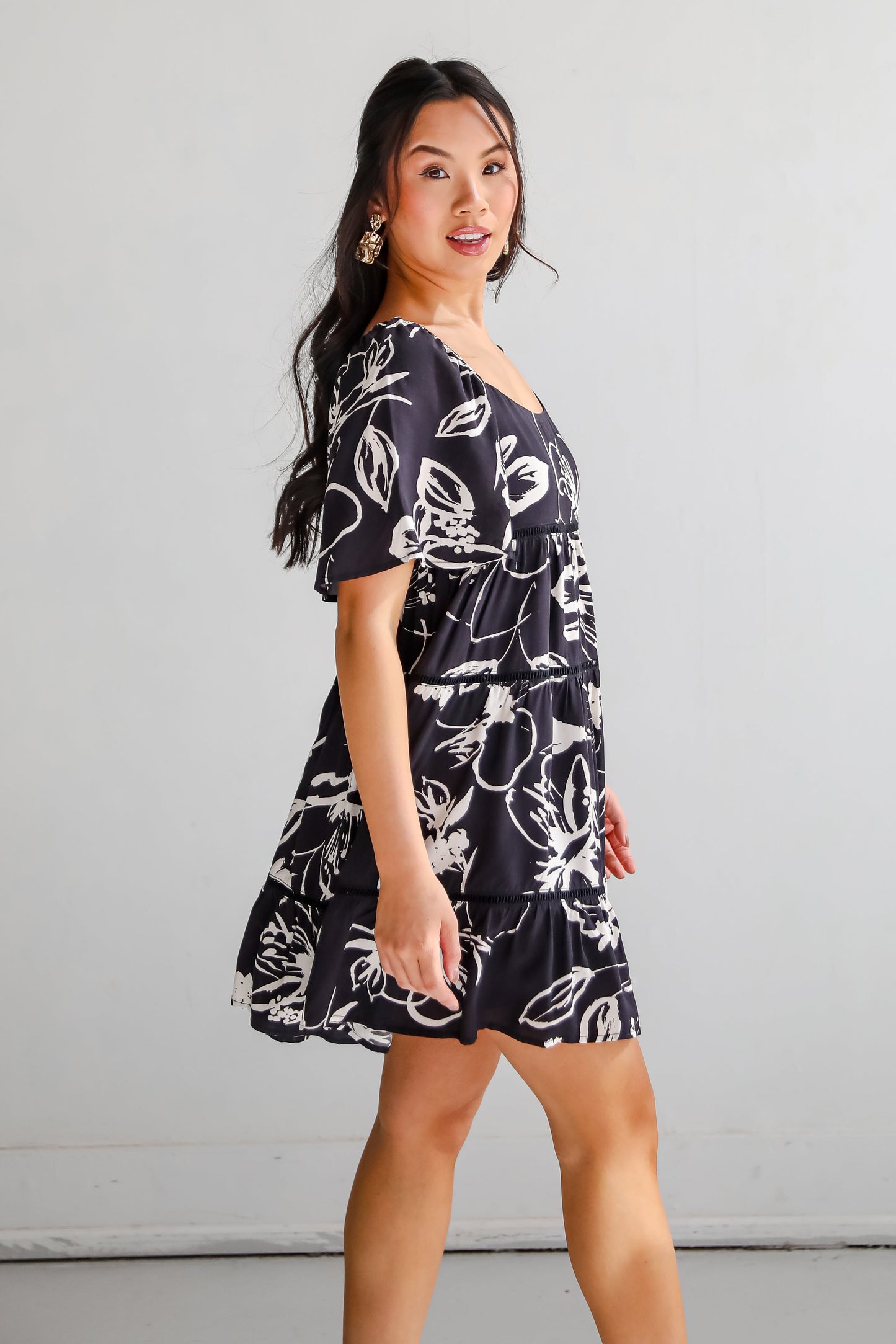 FINAL SALE - Flowering Day Black Floral Tiered Mini Dress
