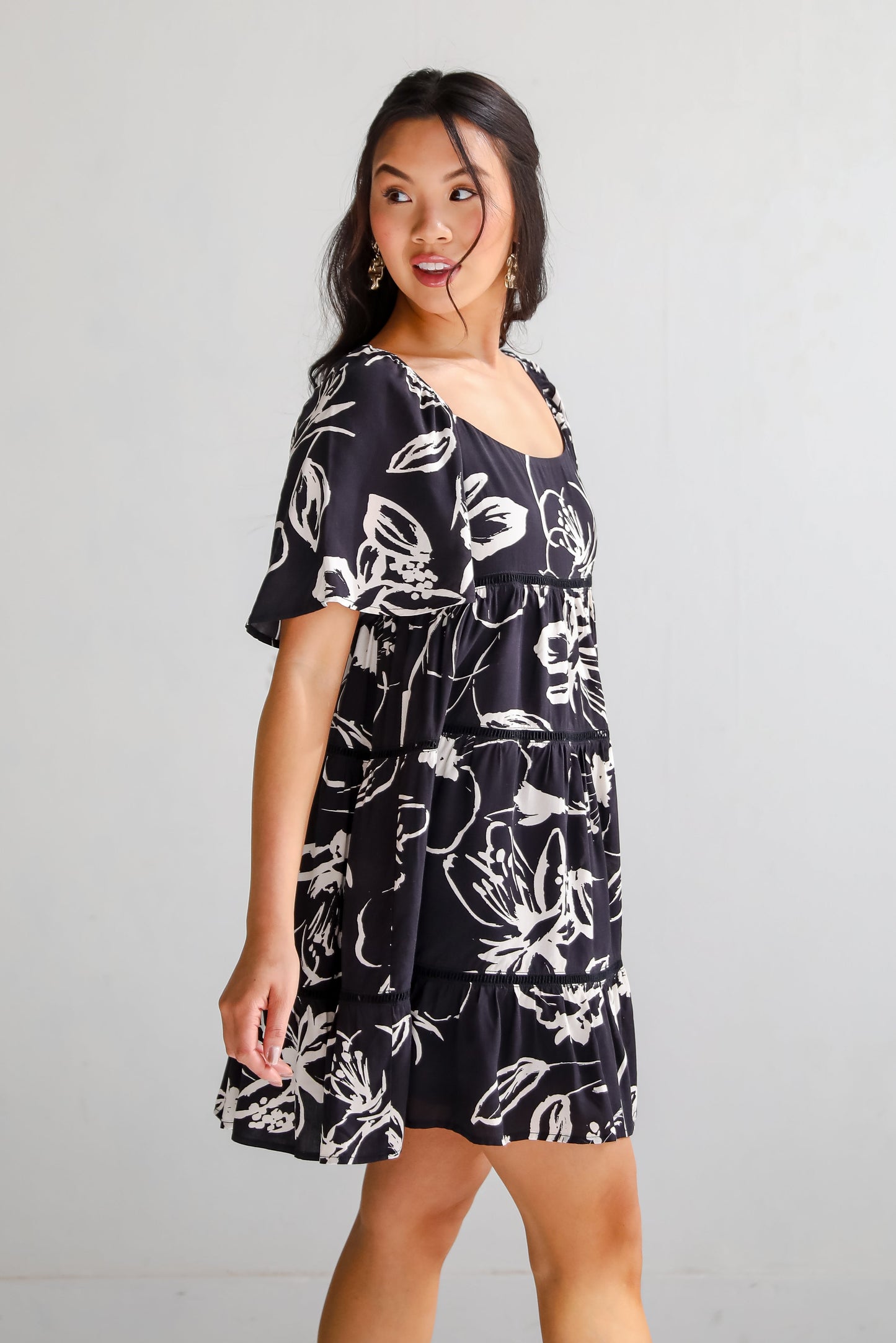 FINAL SALE - Flowering Day Black Floral Tiered Mini Dress