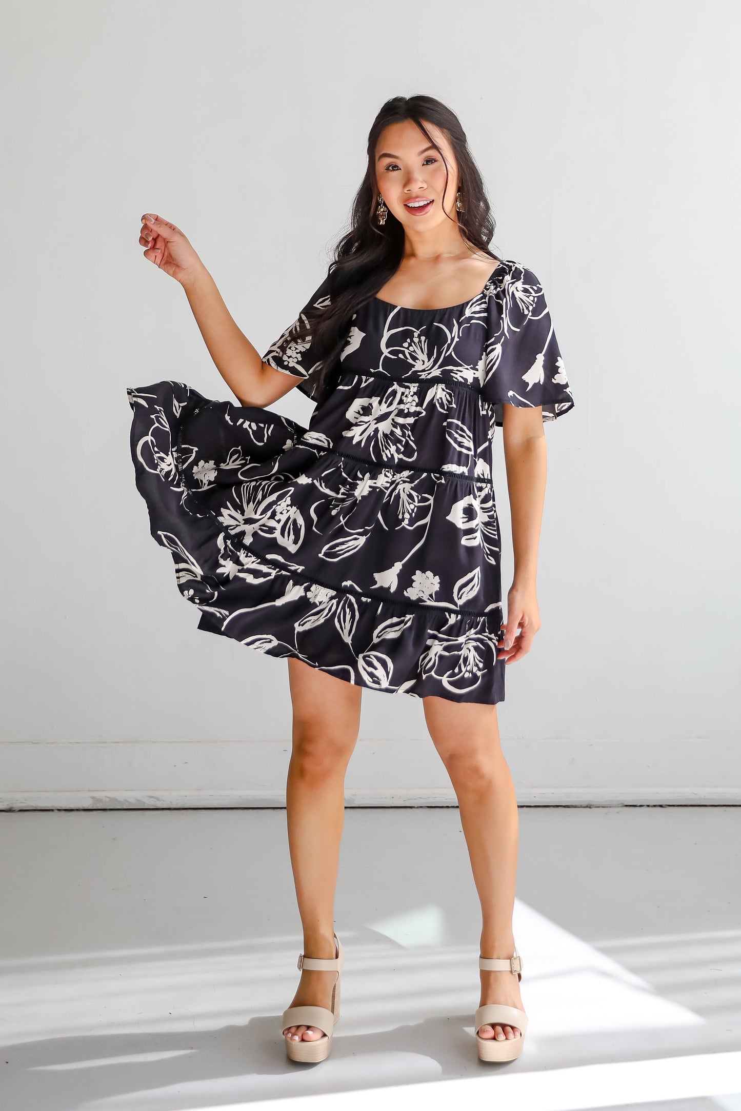 FINAL SALE - Flowering Day Black Floral Tiered Mini Dress