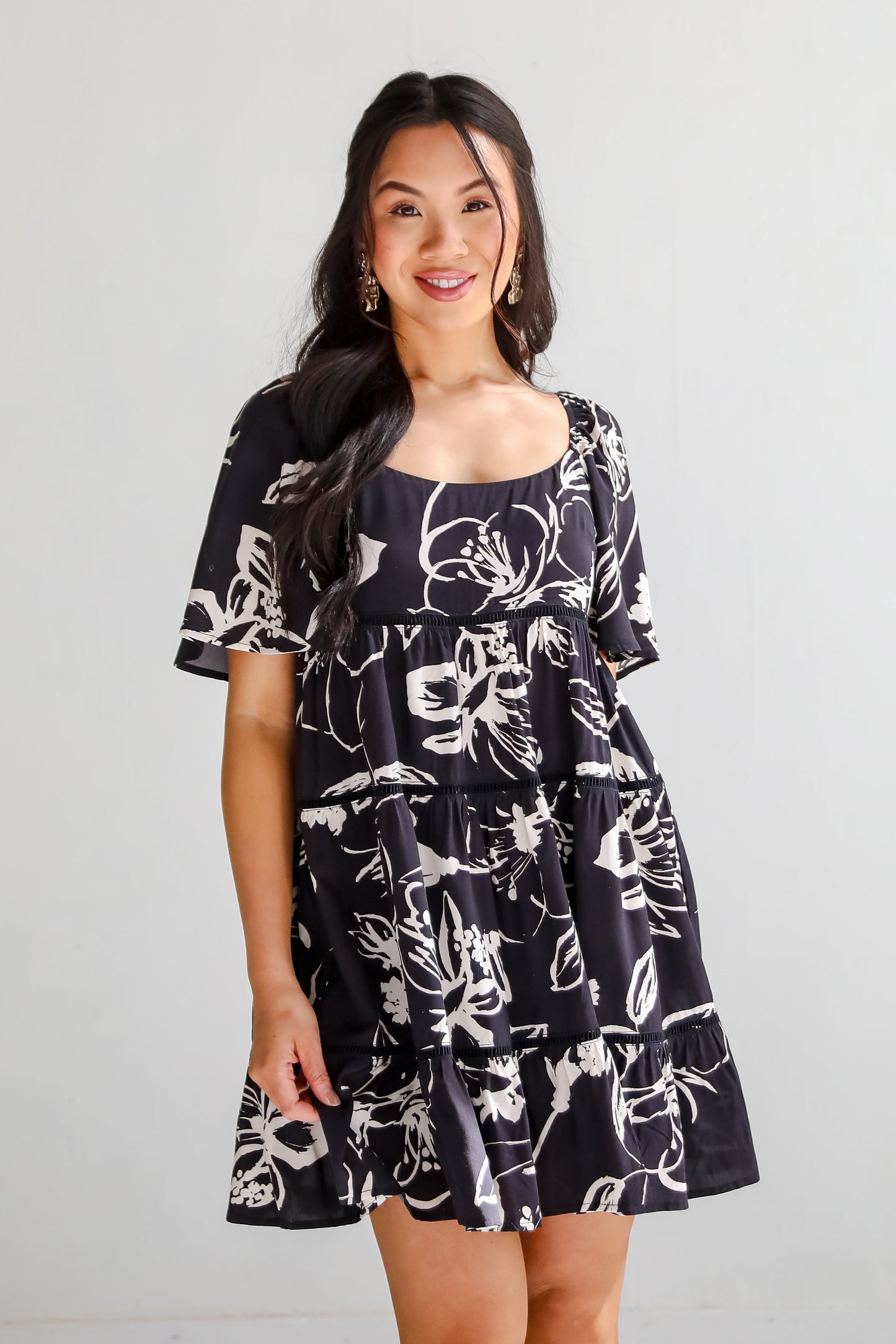 FINAL SALE - Flowering Day Black Floral Tiered Mini Dress