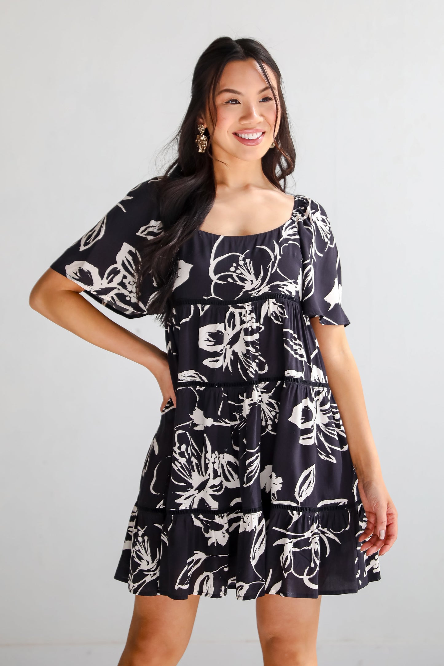 FINAL SALE - Flowering Day Black Floral Tiered Mini Dress