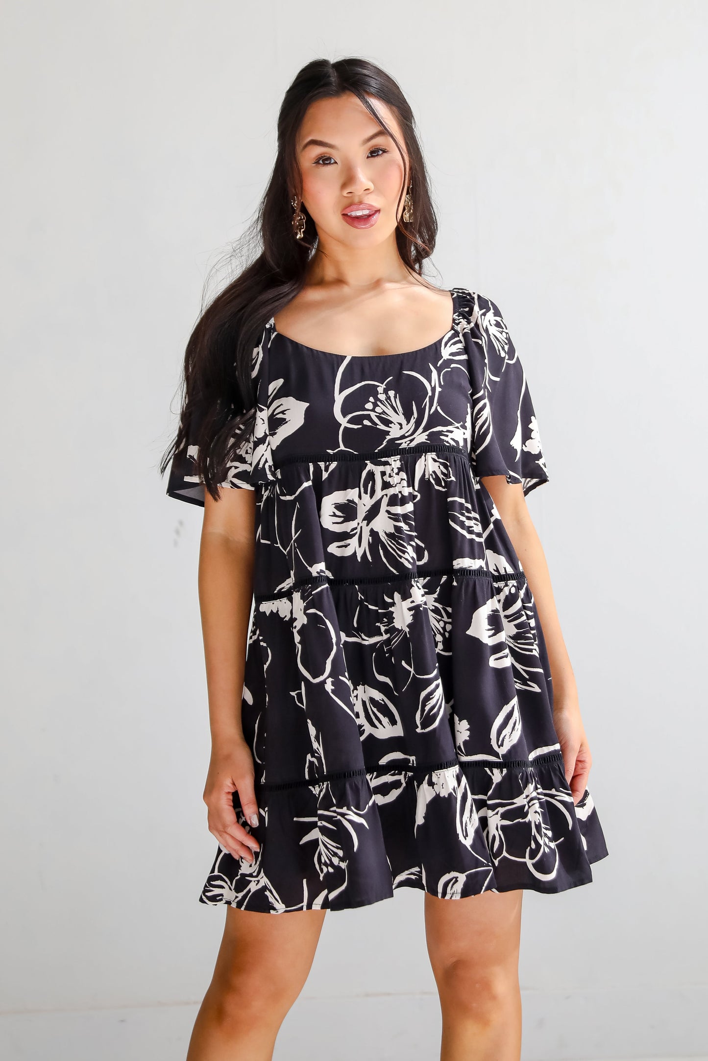 FINAL SALE - Flowering Day Black Floral Tiered Mini Dress