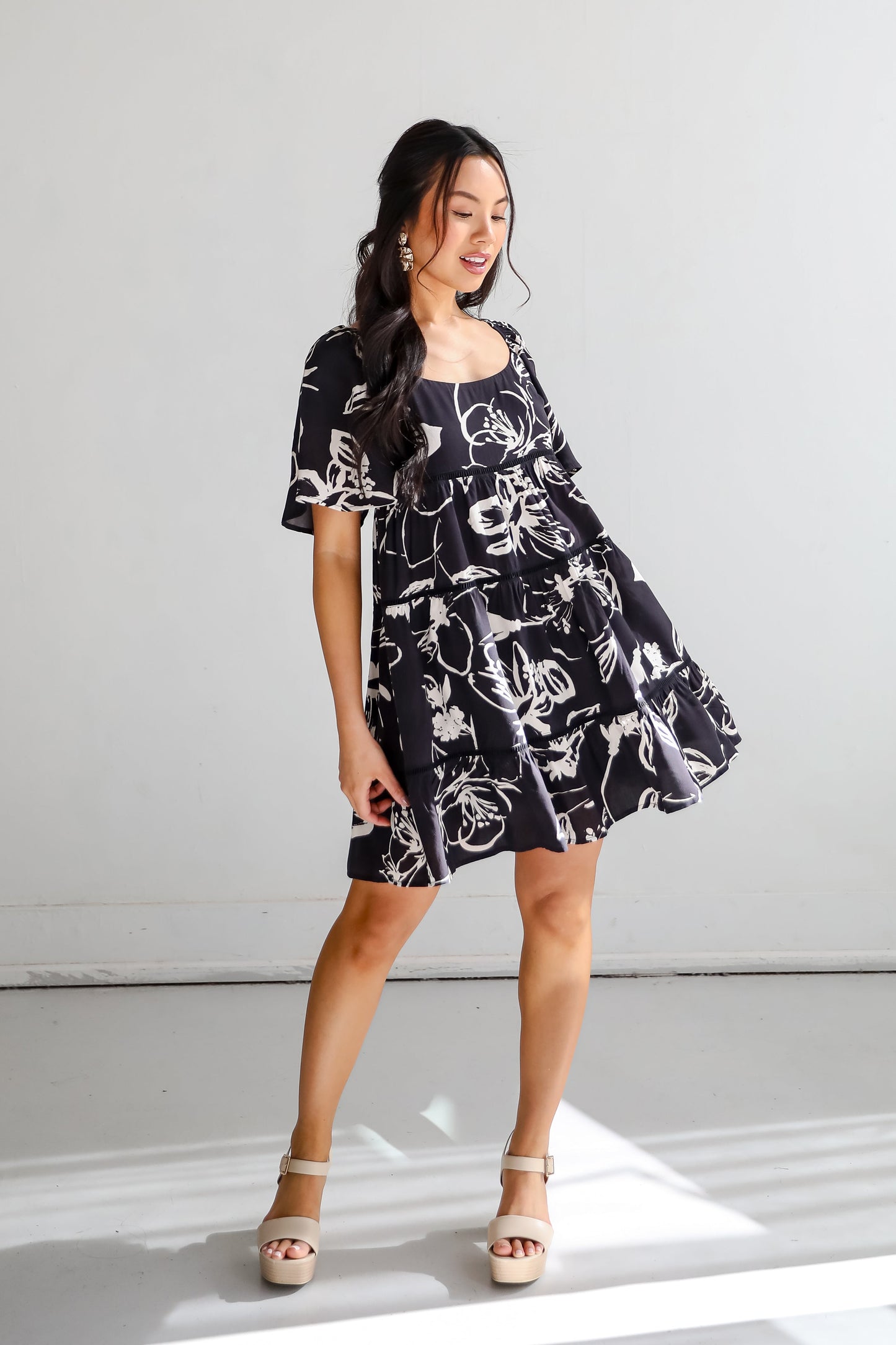 FINAL SALE - Flowering Day Black Floral Tiered Mini Dress