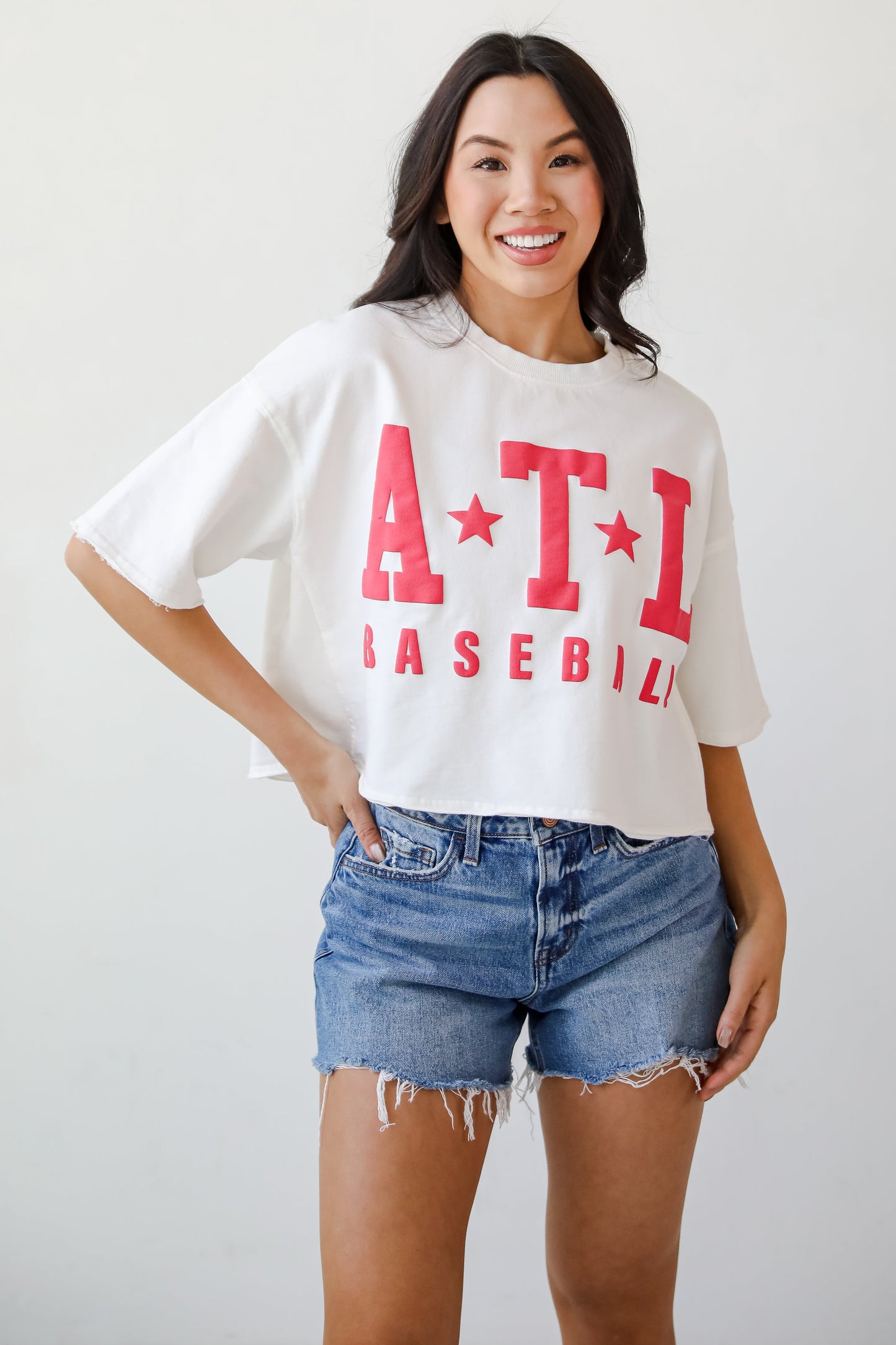 White ATL Baseball Star Cropped Tee