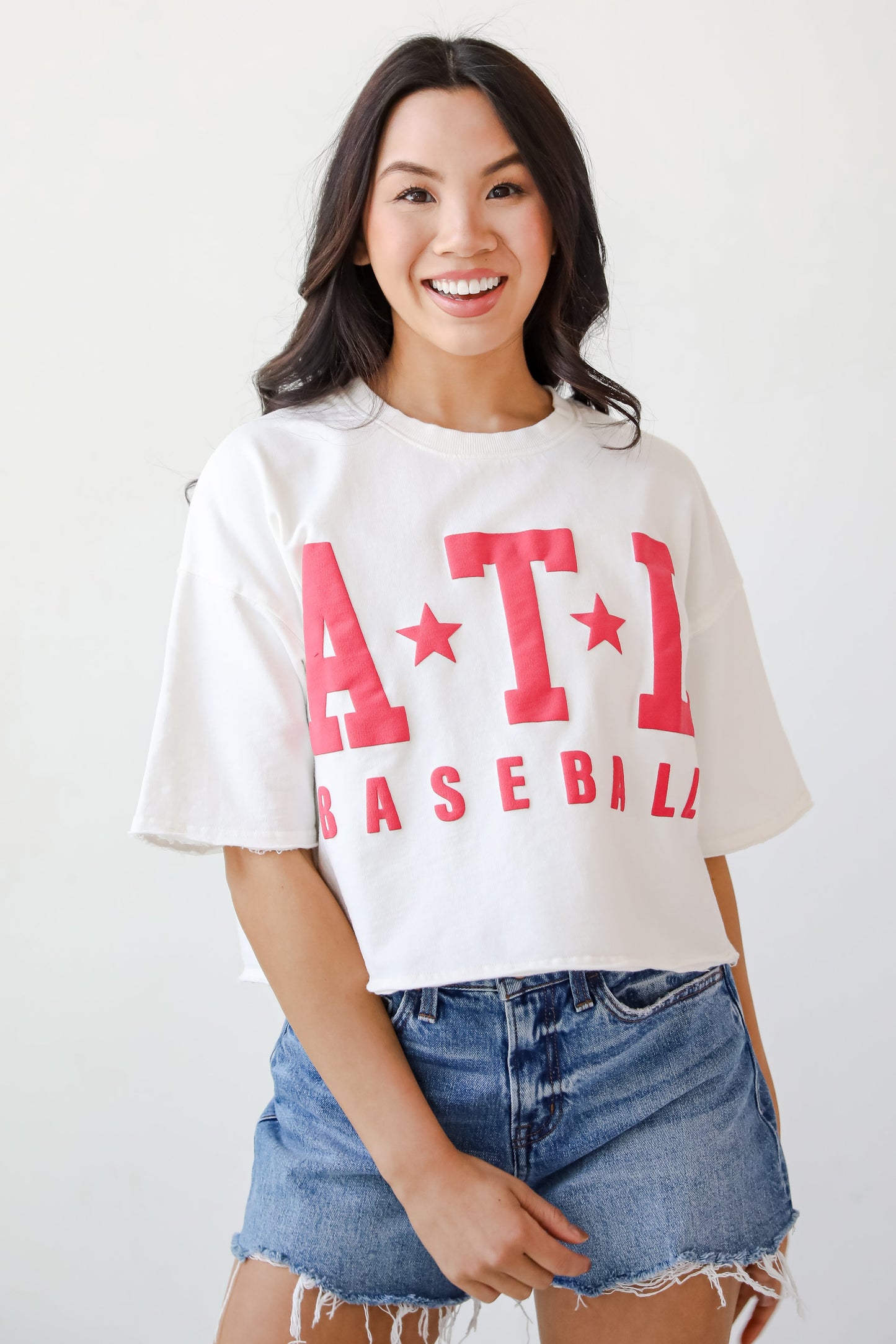 White ATL Baseball Star Cropped Tee