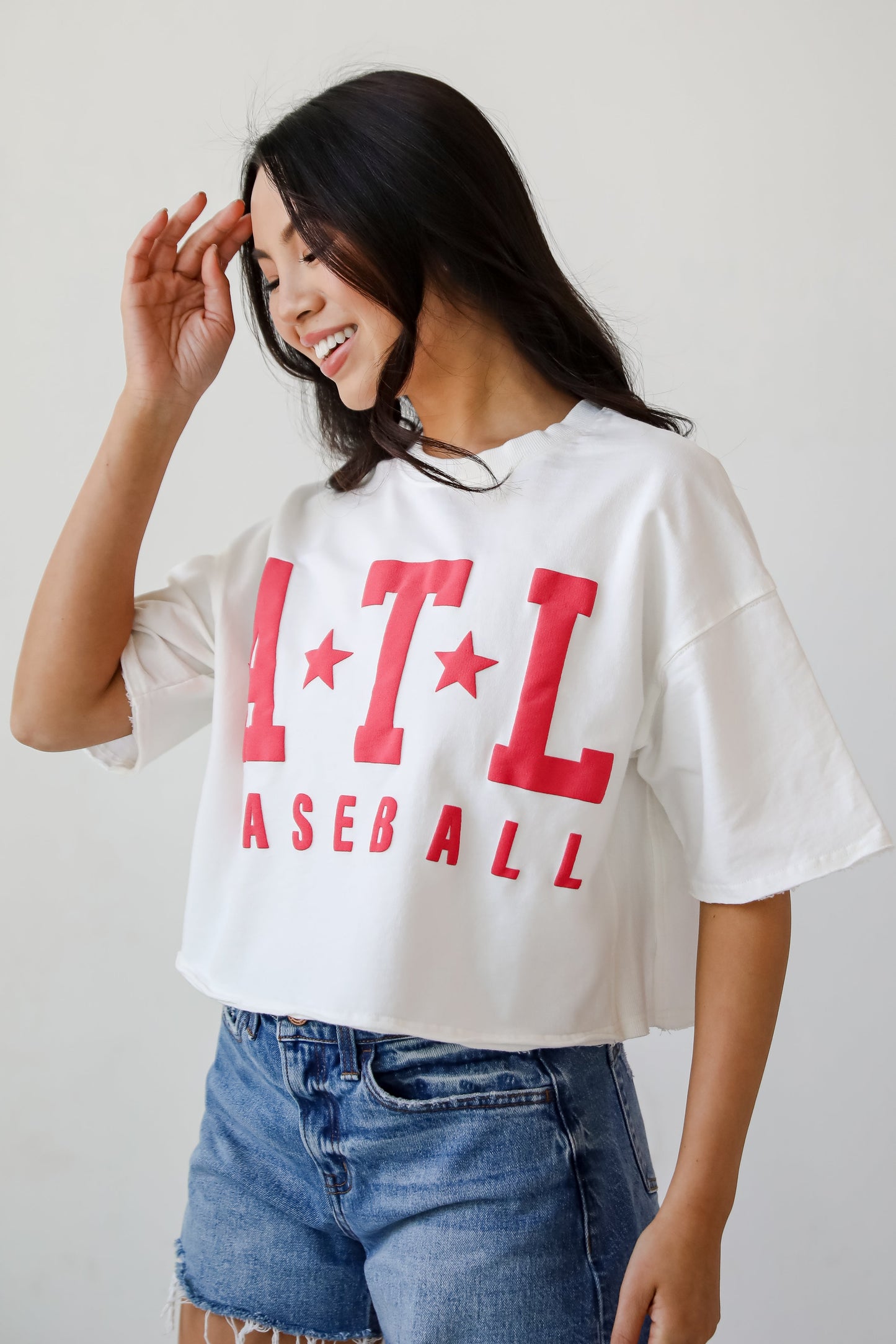 White ATL Baseball Star Cropped Tee