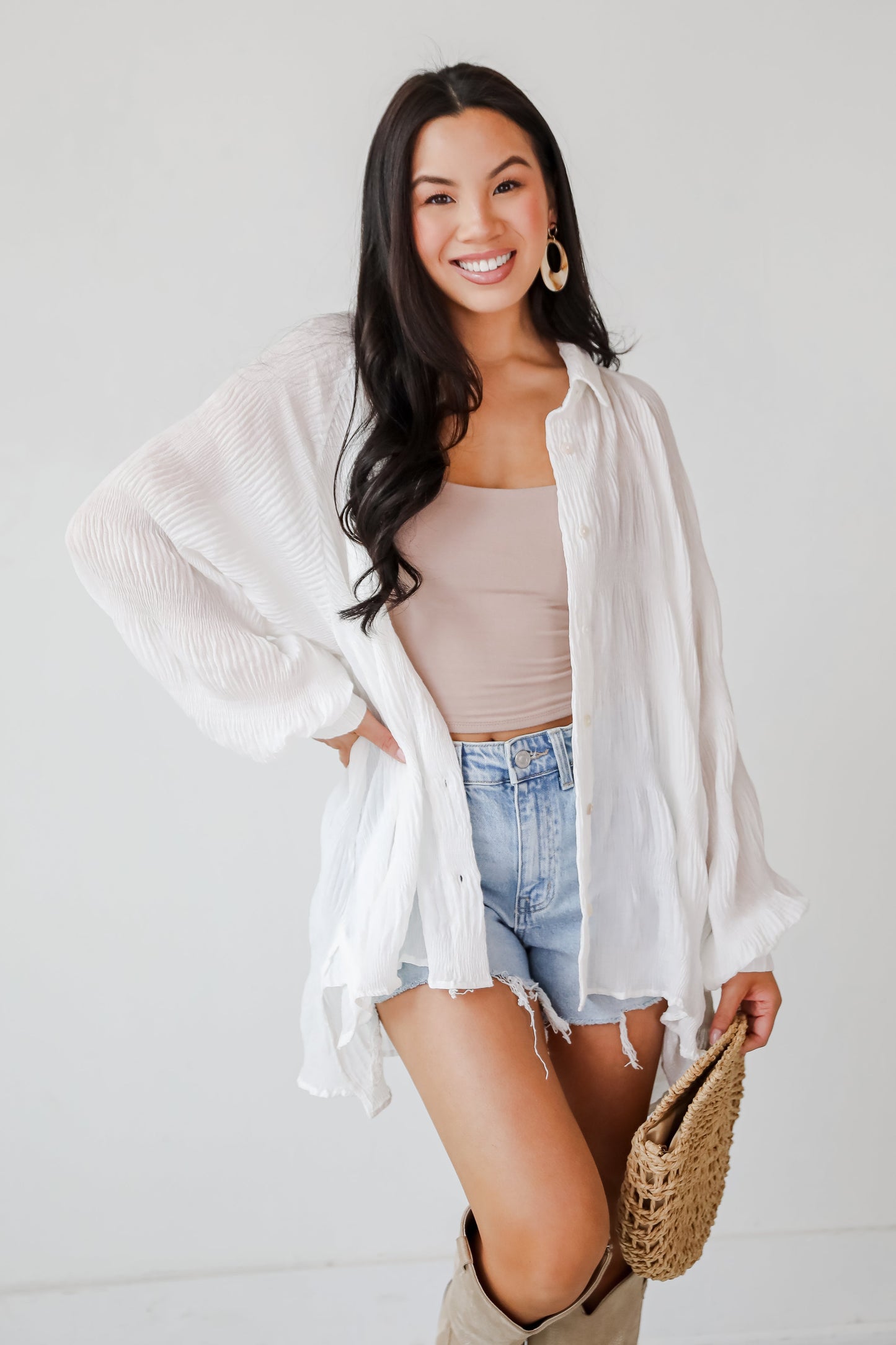 FINAL SALE - Seasonally Lovely Off White Textured Button-Up Blouse