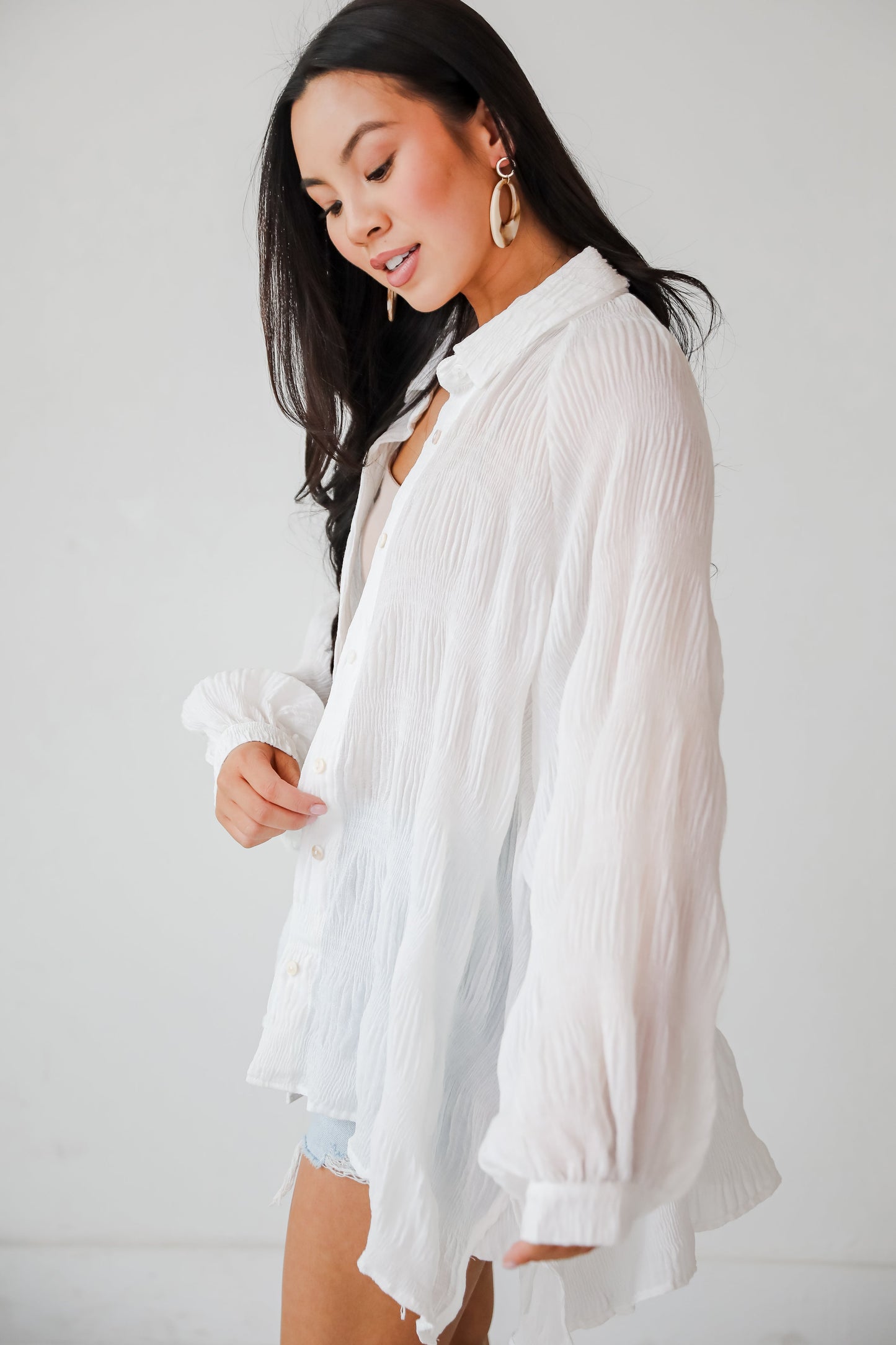 FINAL SALE - Seasonally Lovely Off White Textured Button-Up Blouse
