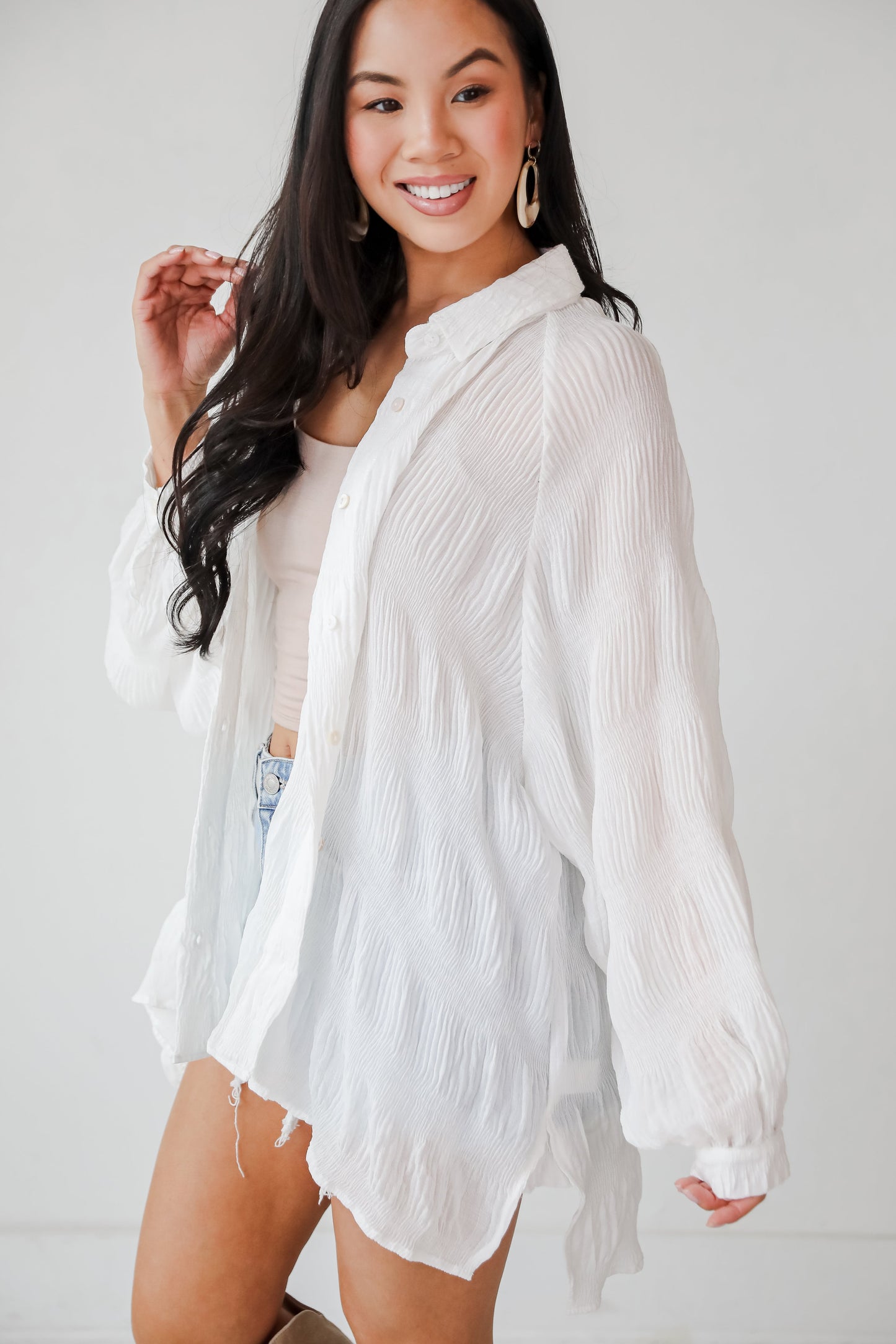 FINAL SALE - Seasonally Lovely Off White Textured Button-Up Blouse