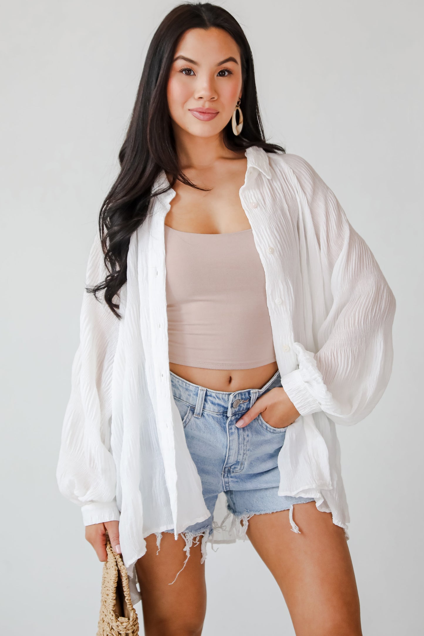 FINAL SALE - Seasonally Lovely Off White Textured Button-Up Blouse