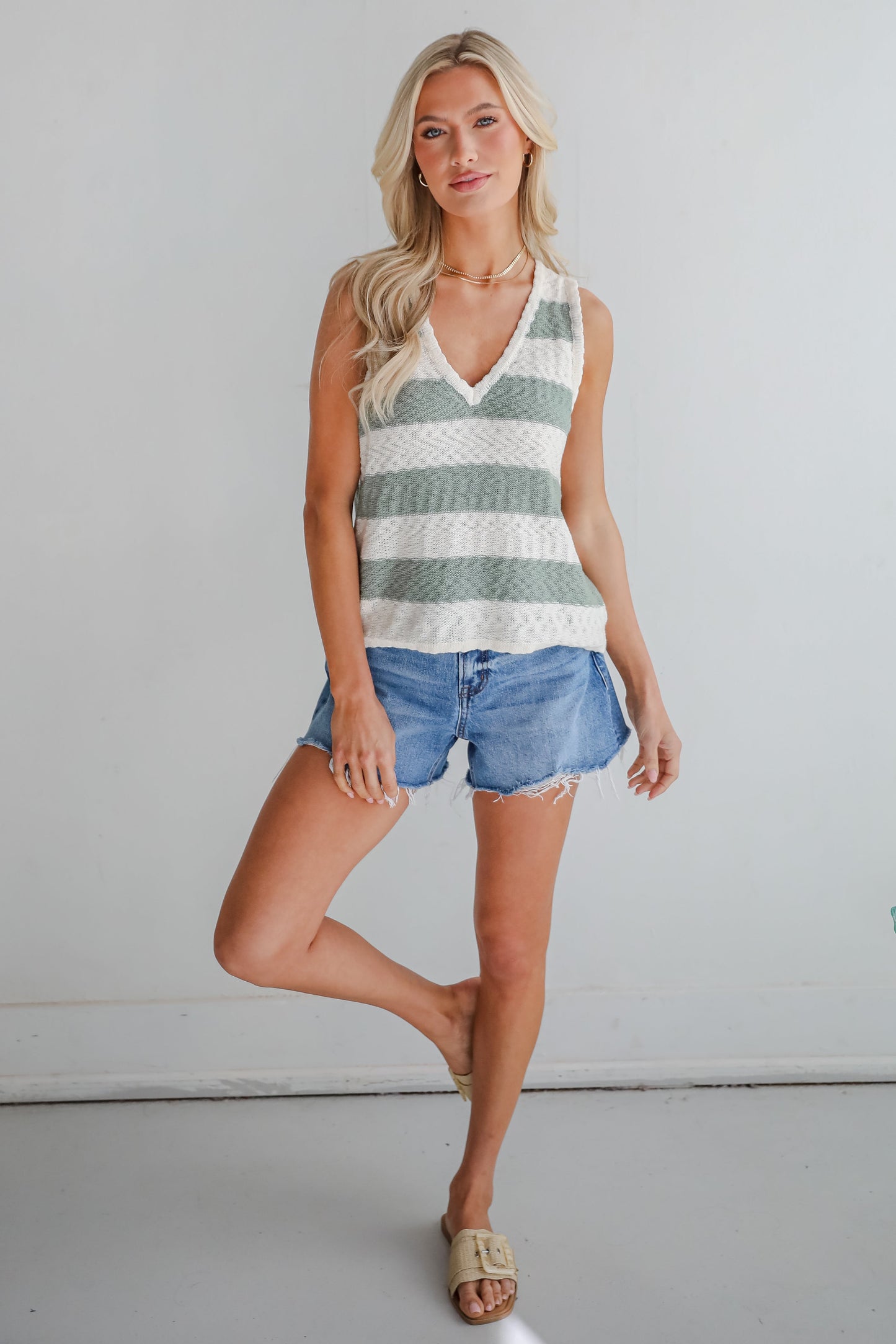 Intentionally Breezy Sage Striped Knit Tank - DU DEAL
