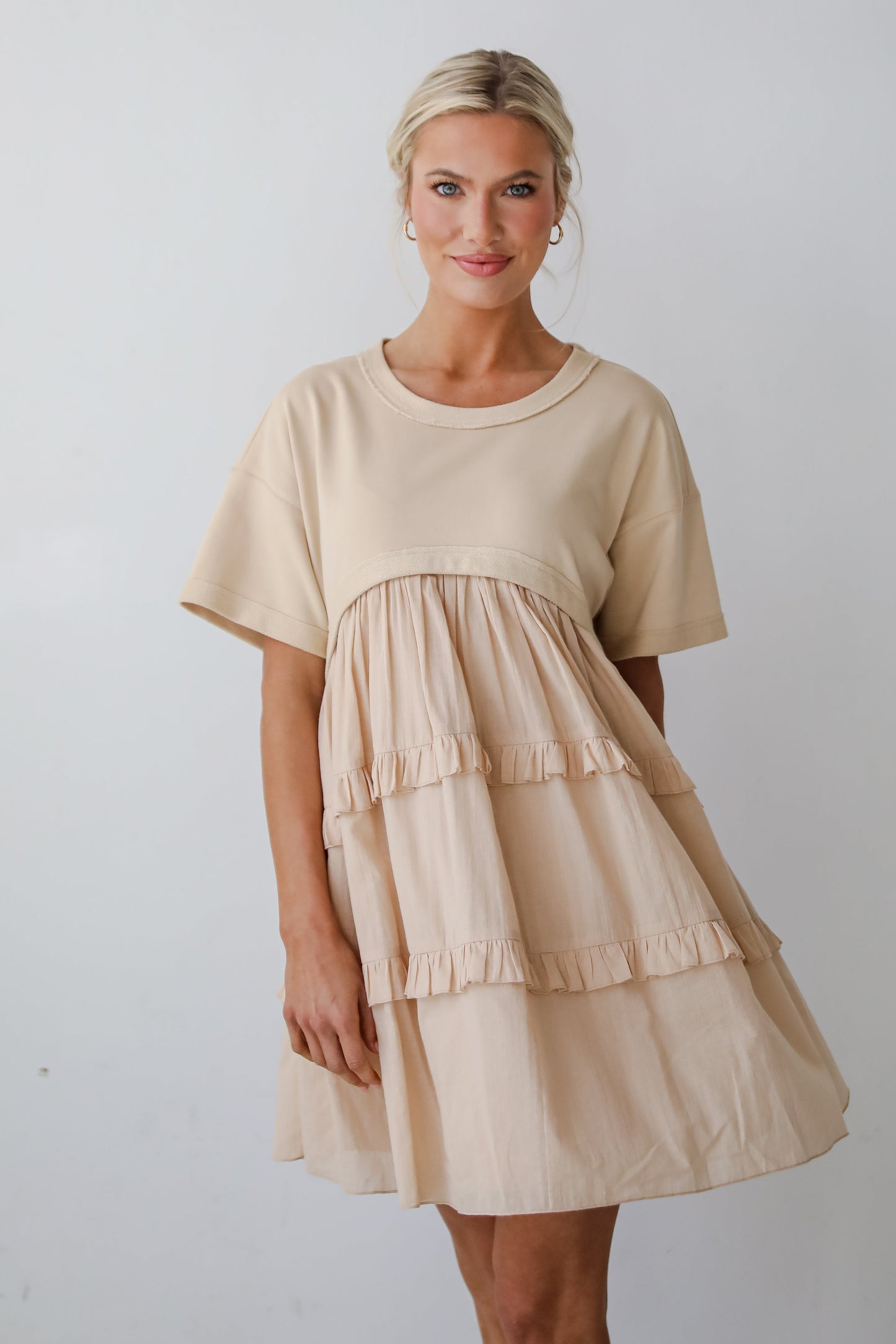 FINAL SALE - Make A Day Of It Taupe Contrast Ruffle Mini Dress