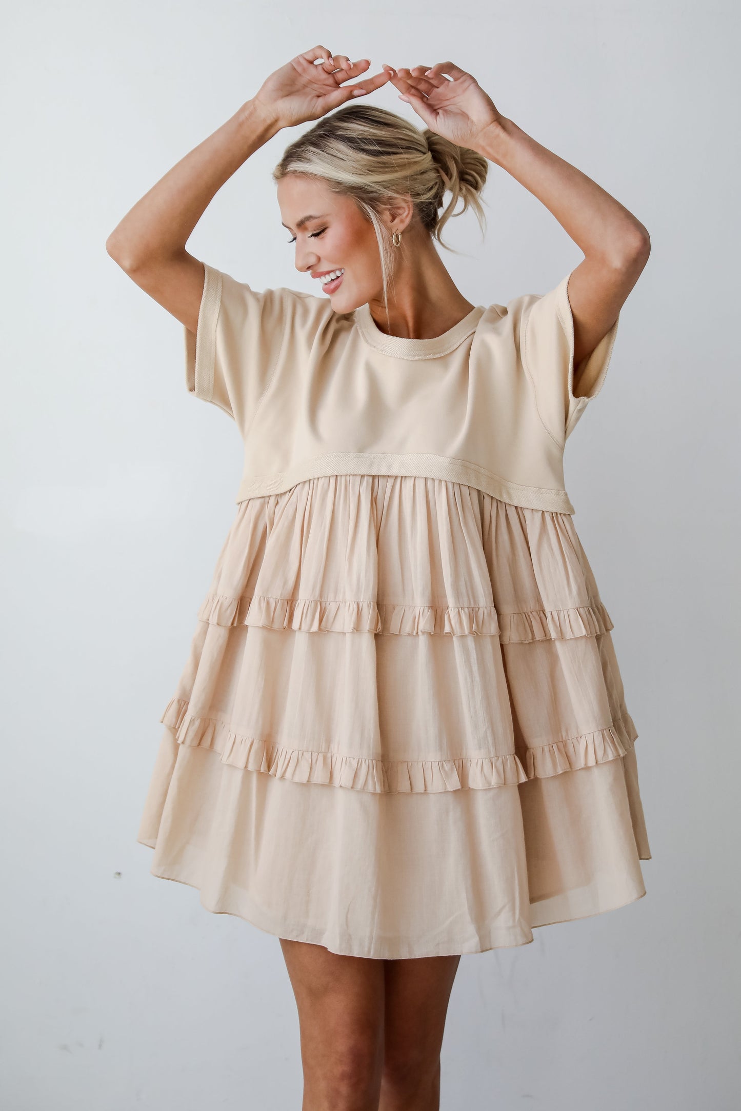 FINAL SALE - Make A Day Of It Taupe Contrast Ruffle Mini Dress