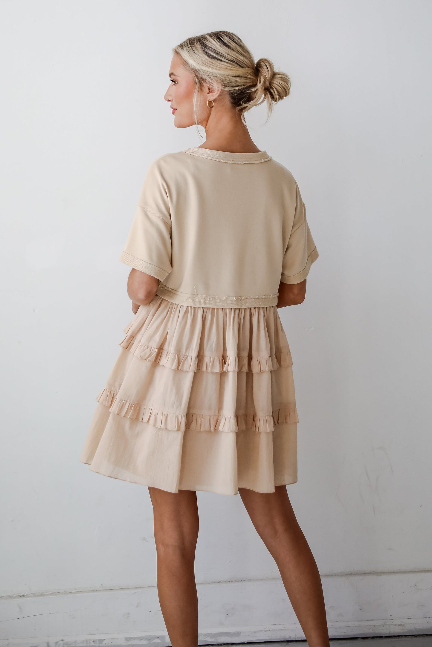 FINAL SALE - Make A Day Of It Taupe Contrast Ruffle Mini Dress