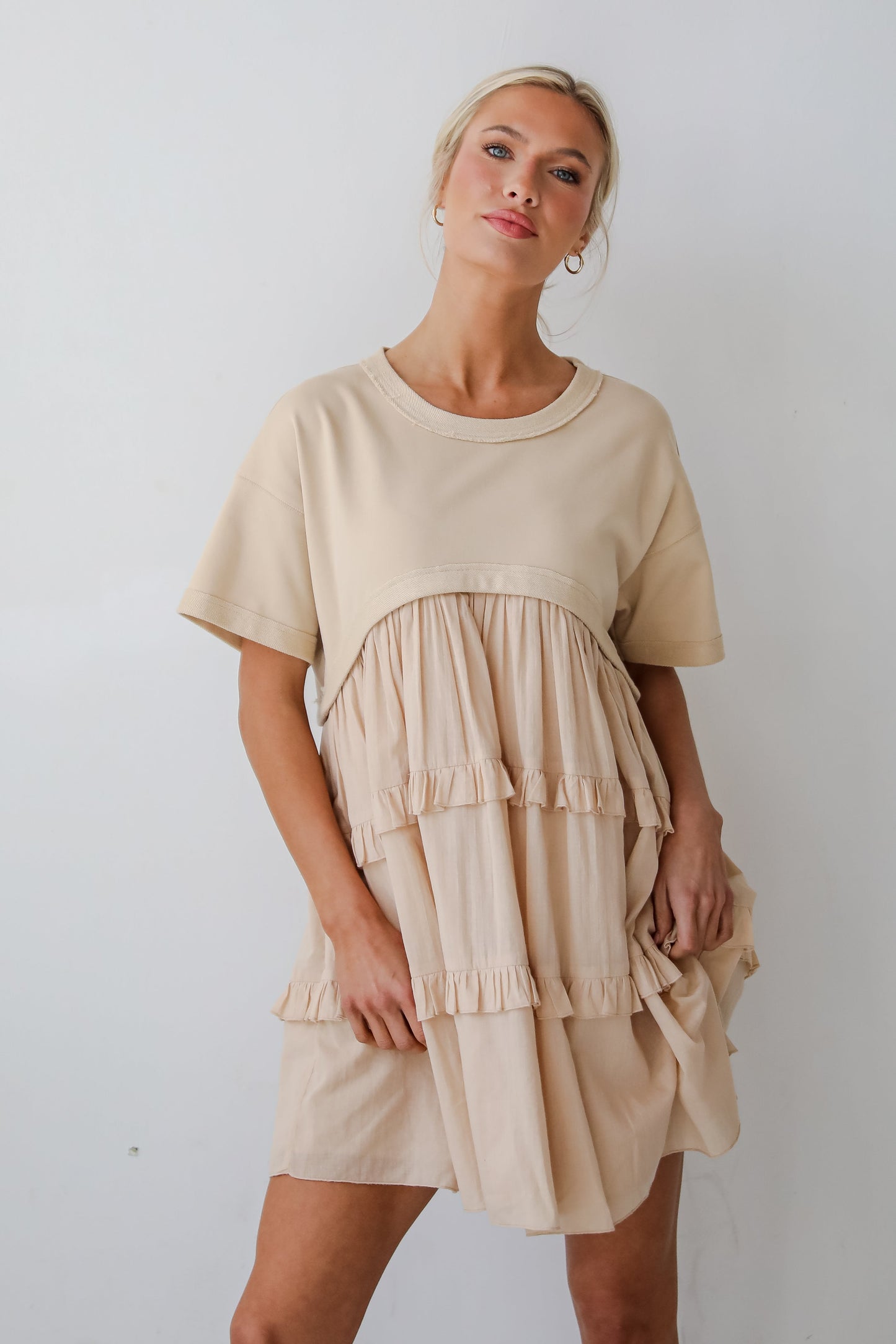 FINAL SALE - Make A Day Of It Taupe Contrast Ruffle Mini Dress
