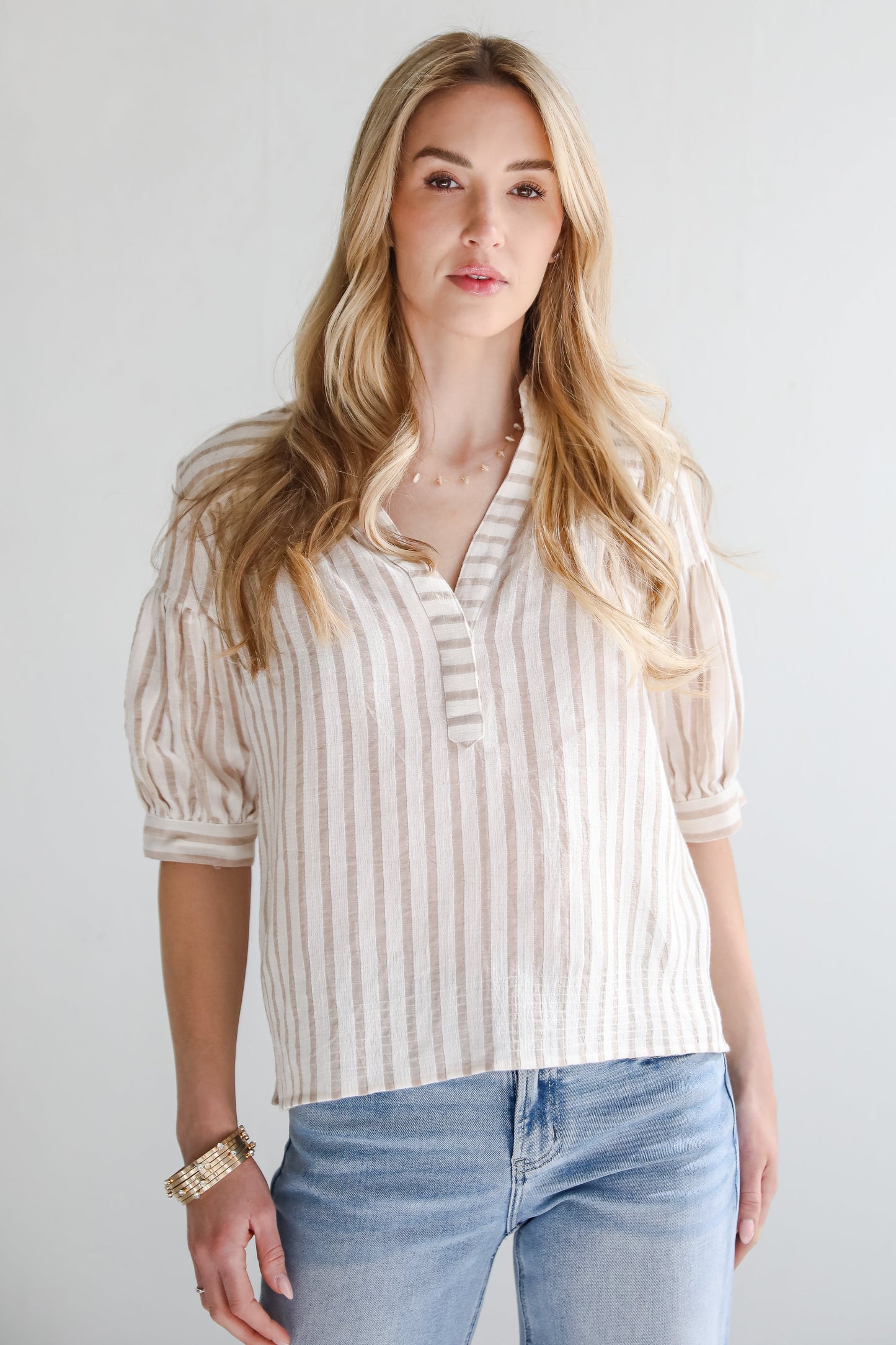 FINAL SALE - Blissfully Beaming Taupe Striped Blouse