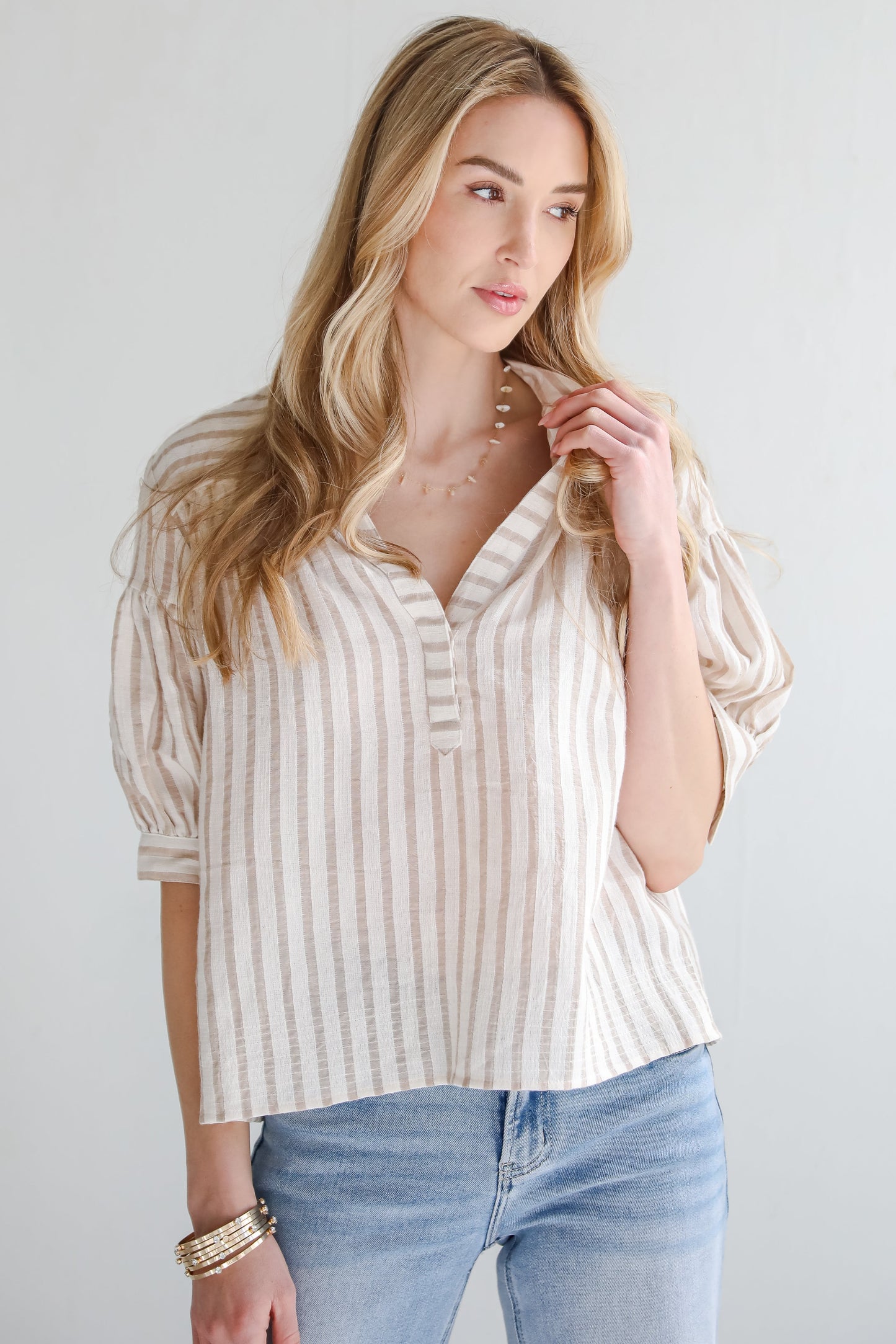 FINAL SALE - Blissfully Beaming Taupe Striped Blouse