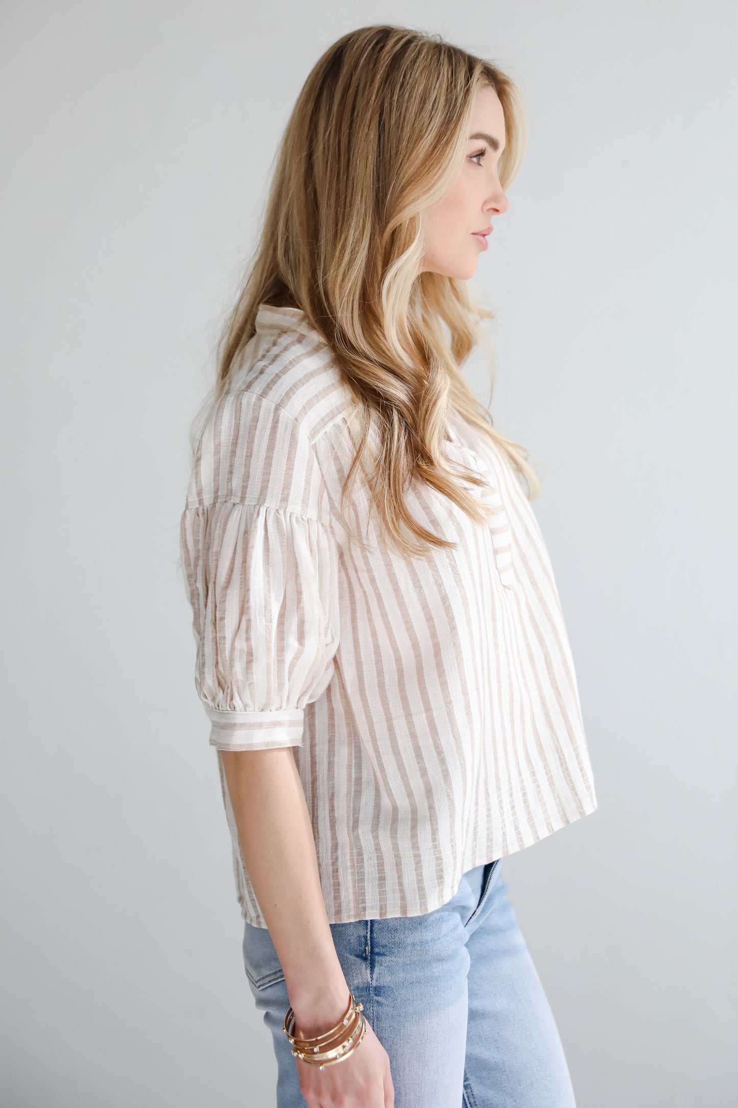 FINAL SALE - Blissfully Beaming Taupe Striped Blouse