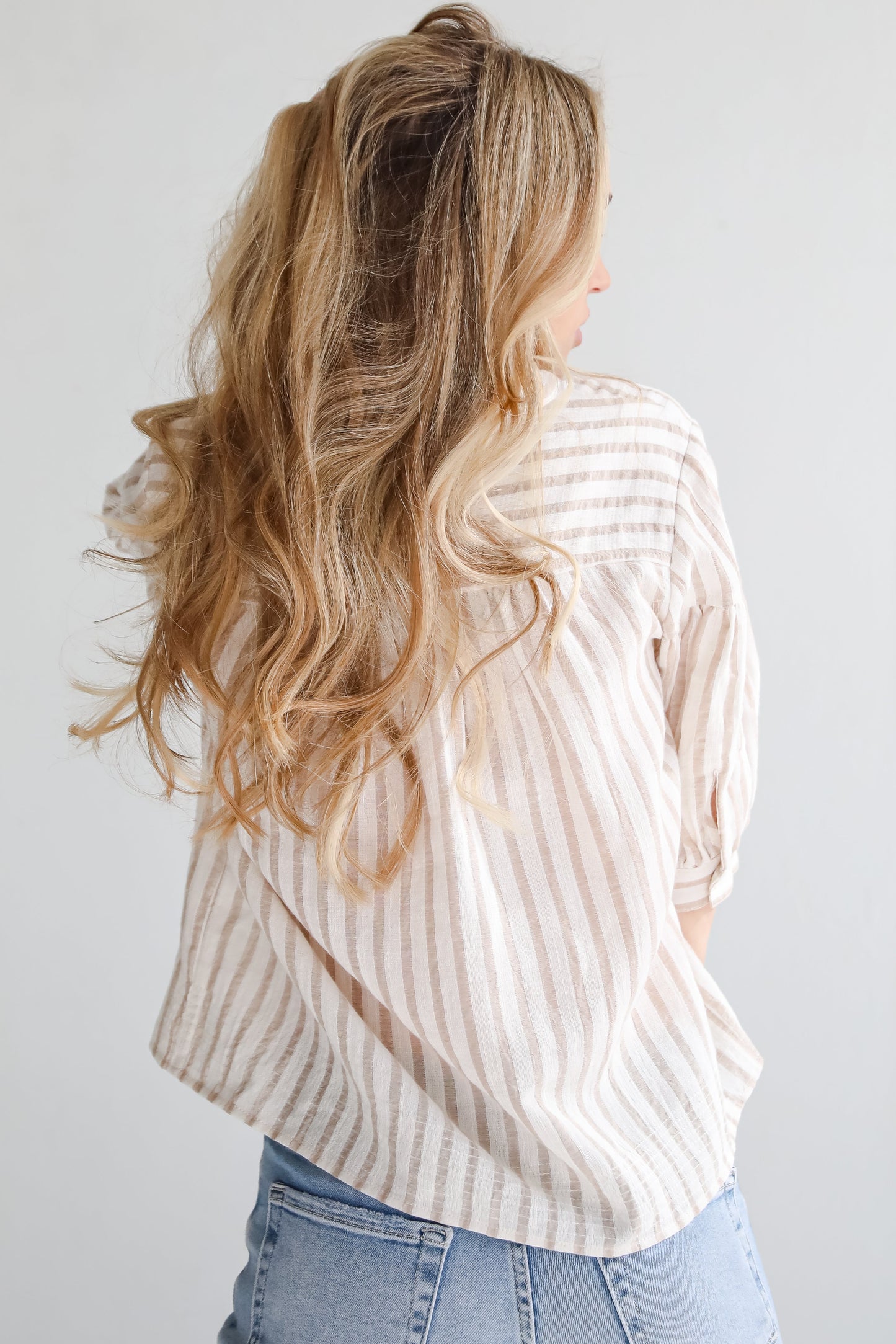 FINAL SALE - Blissfully Beaming Taupe Striped Blouse
