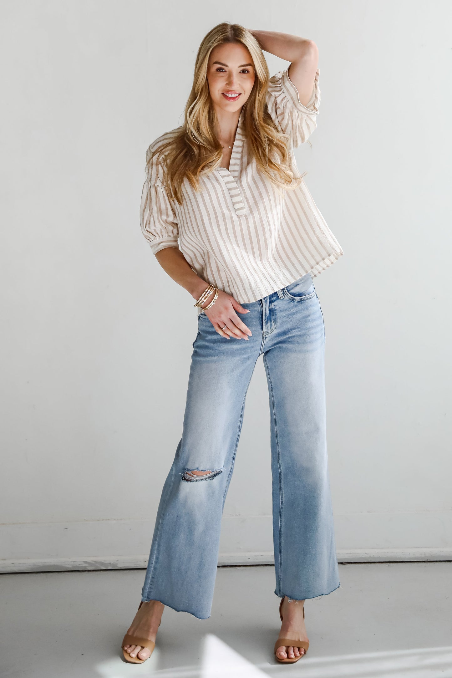 FINAL SALE - Blissfully Beaming Taupe Striped Blouse