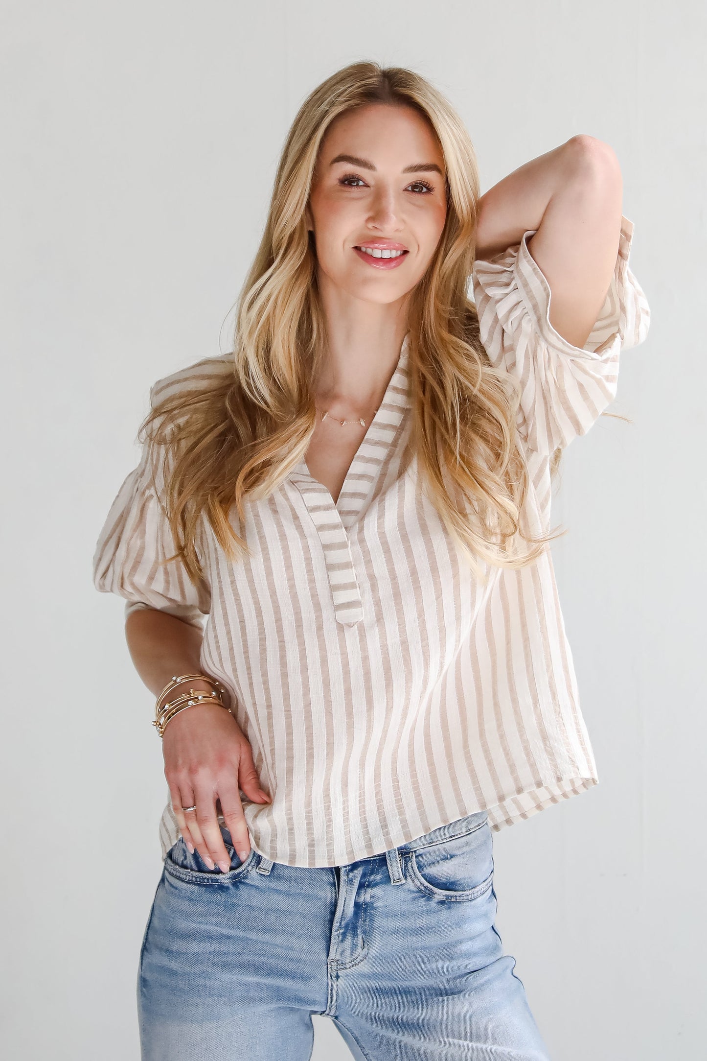 FINAL SALE - Blissfully Beaming Taupe Striped Blouse