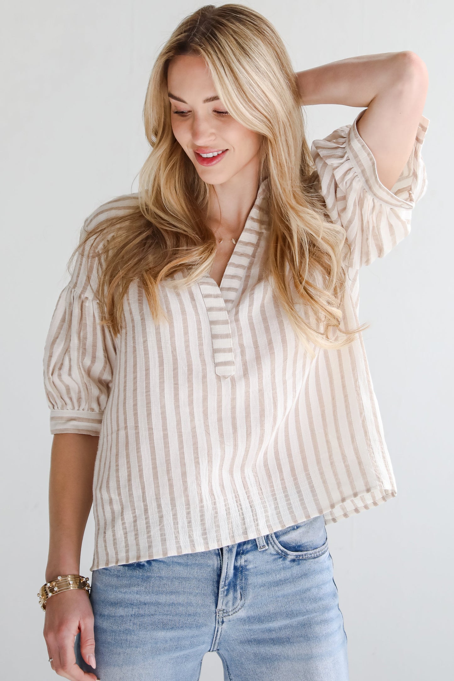 FINAL SALE - Blissfully Beaming Taupe Striped Blouse