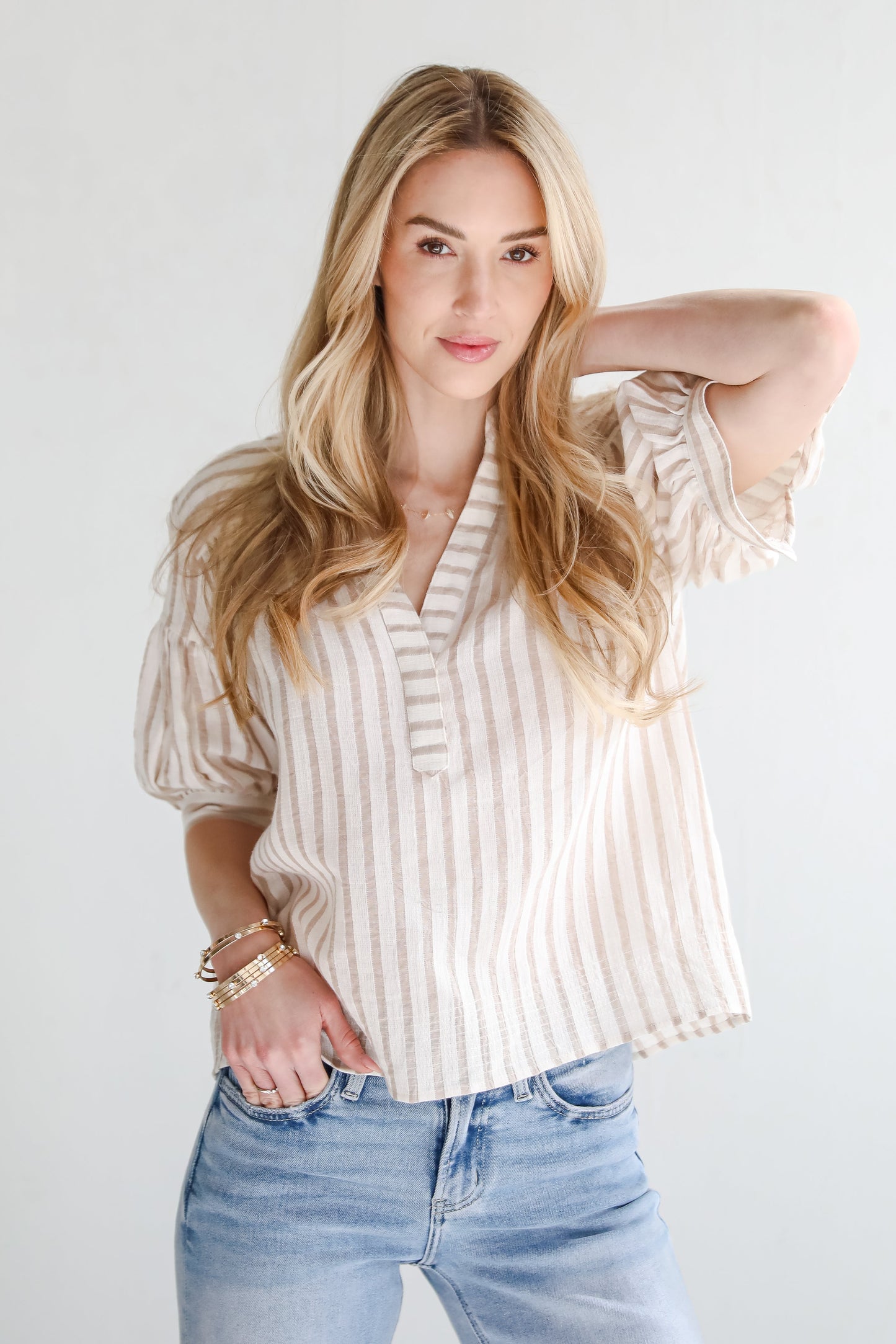 FINAL SALE - Blissfully Beaming Taupe Striped Blouse