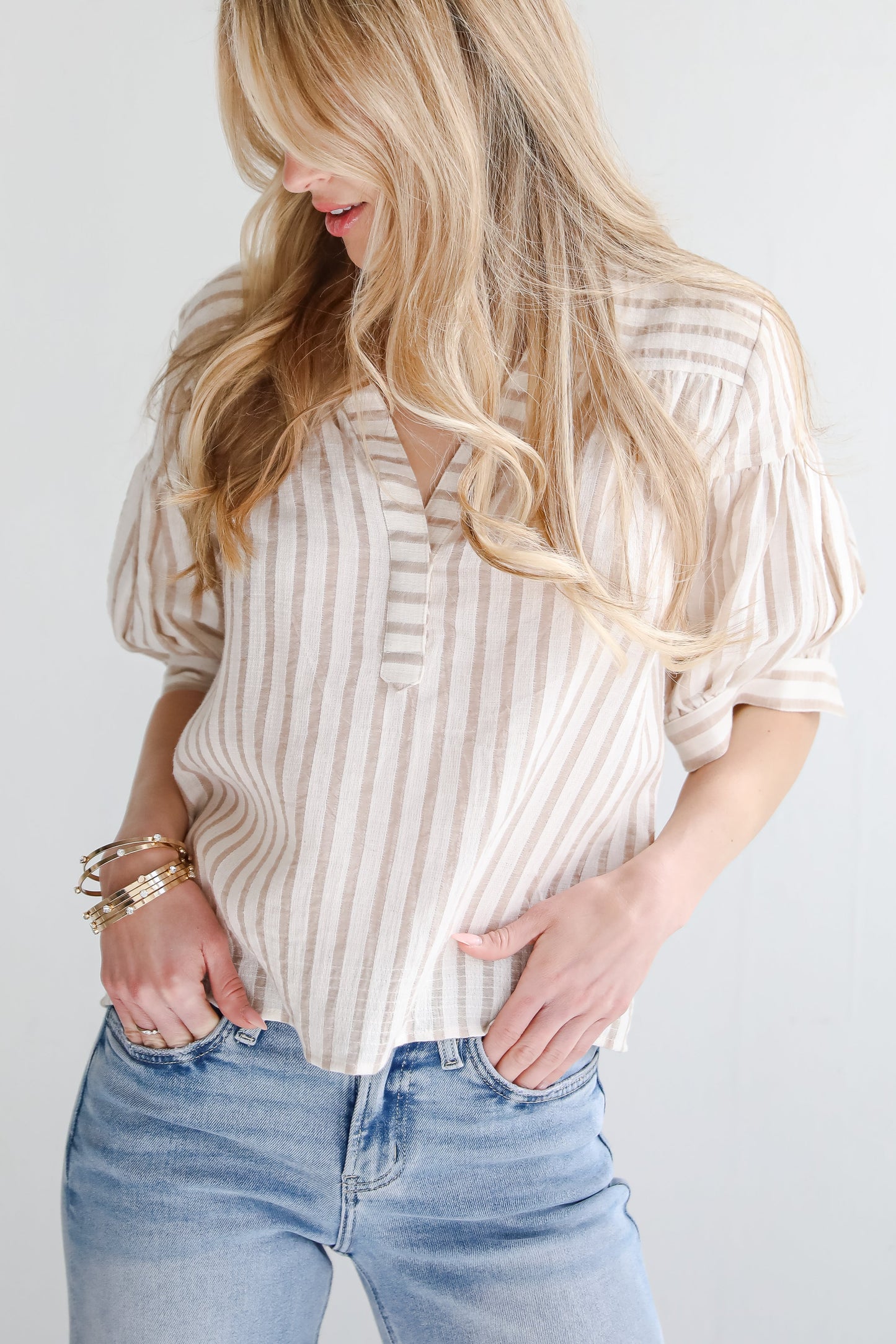FINAL SALE - Blissfully Beaming Taupe Striped Blouse
