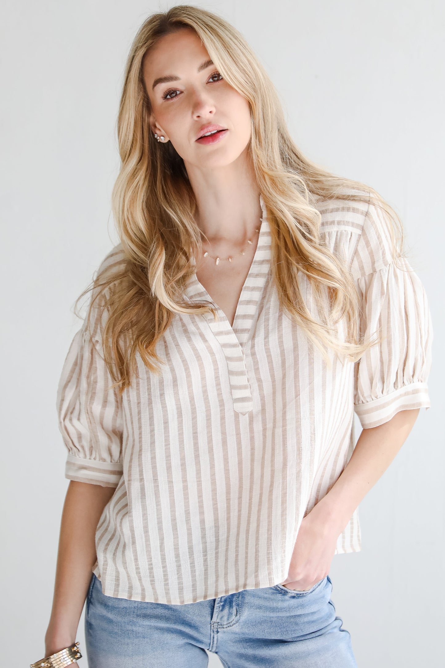 FINAL SALE - Blissfully Beaming Taupe Striped Blouse