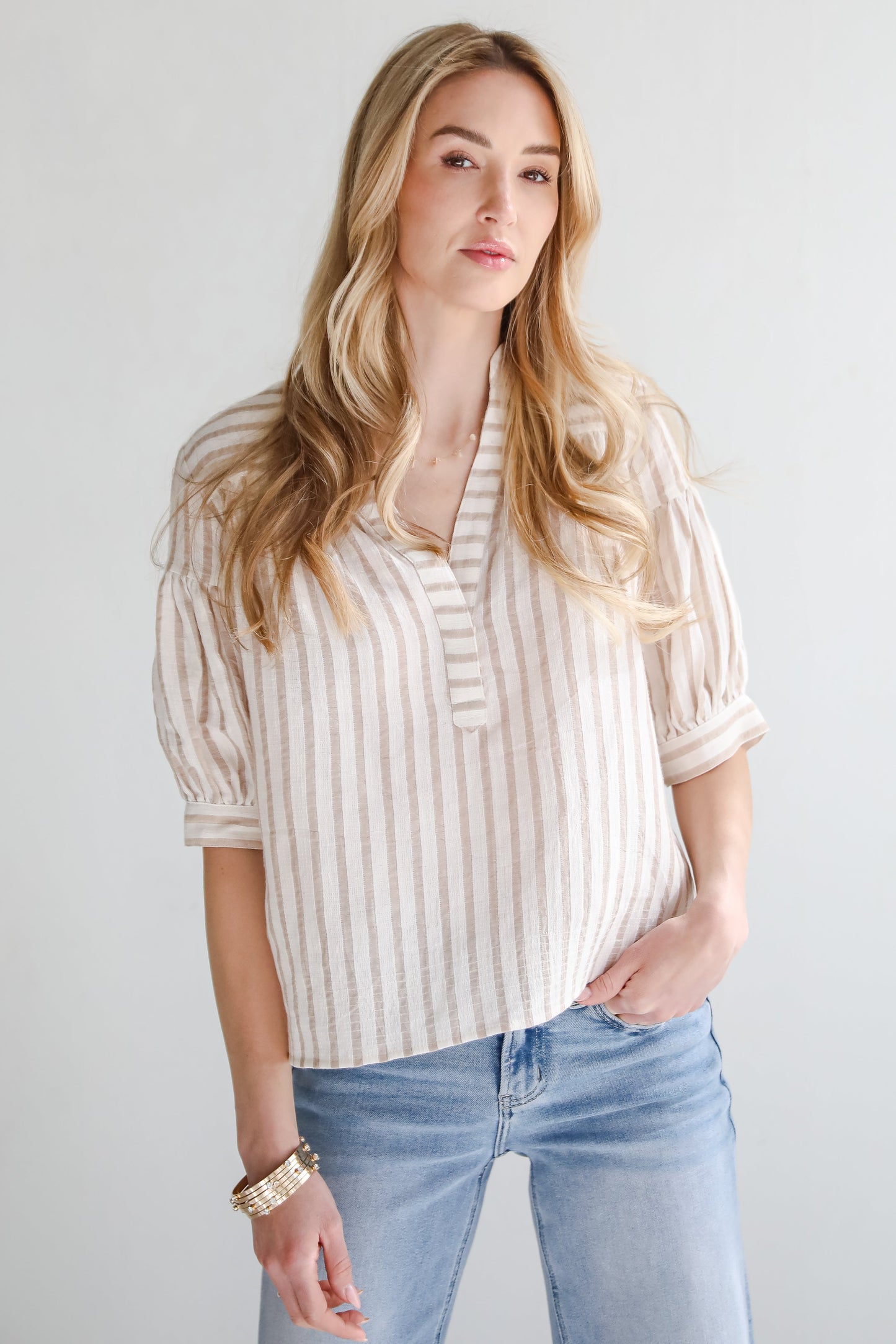 FINAL SALE - Blissfully Beaming Taupe Striped Blouse