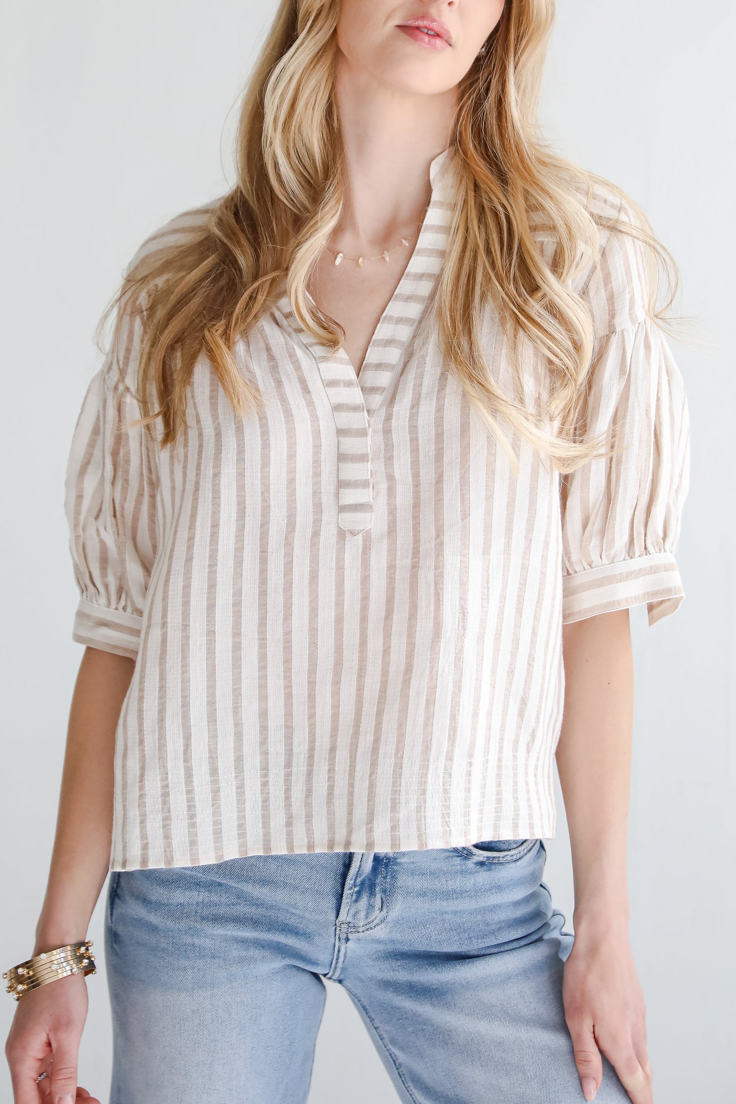 FINAL SALE - Blissfully Beaming Taupe Striped Blouse