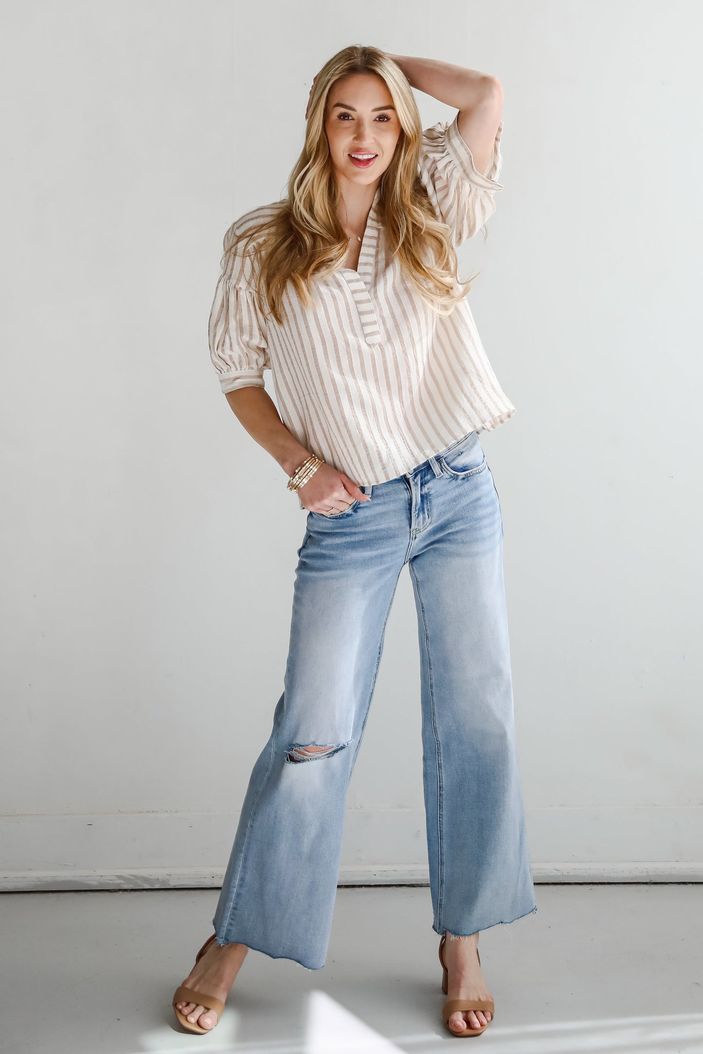 FINAL SALE - Blissfully Beaming Taupe Striped Blouse