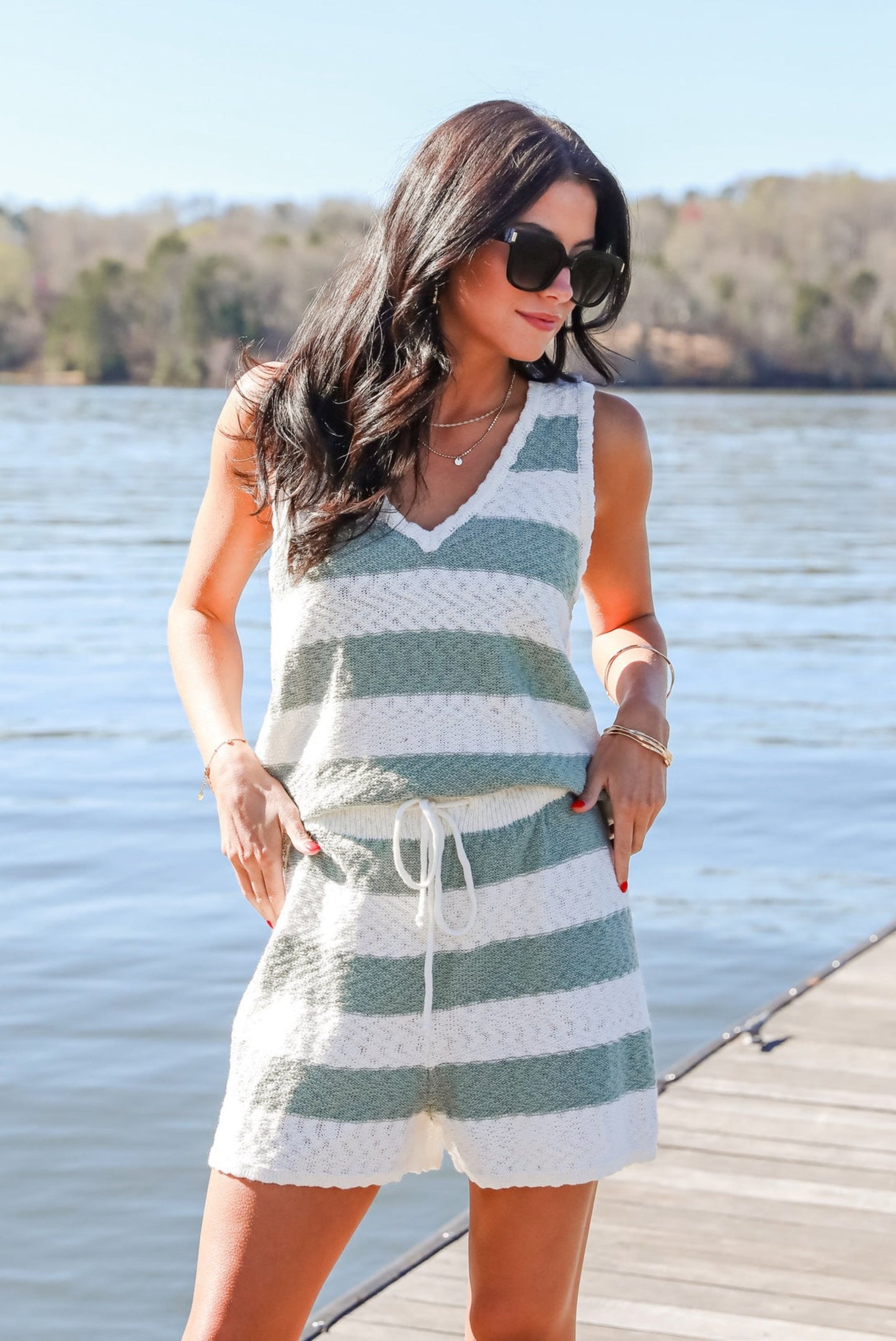 Intentionally Breezy Sage Striped Knit Tank - DU DEAL