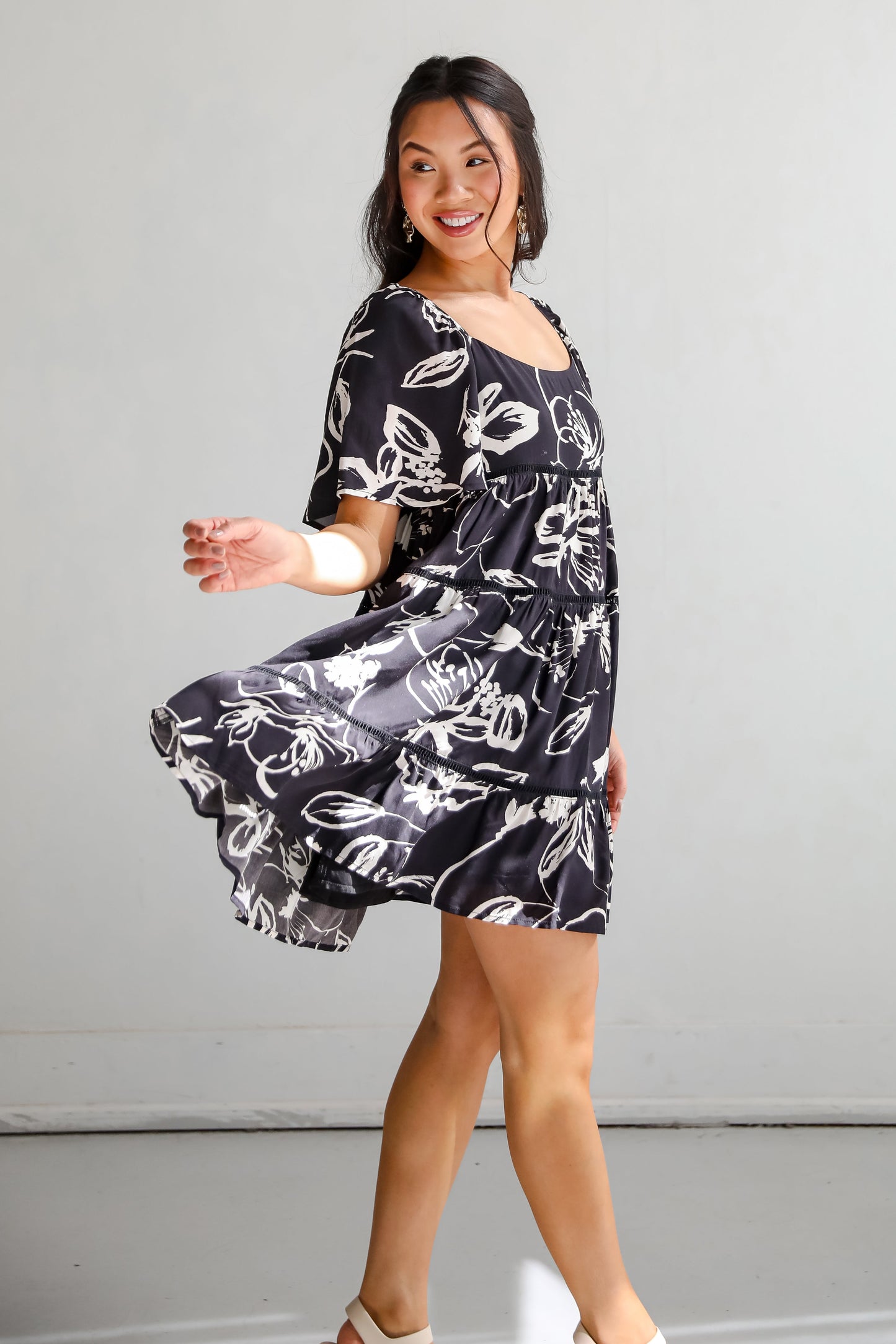 FINAL SALE - Flowering Day Black Floral Tiered Mini Dress