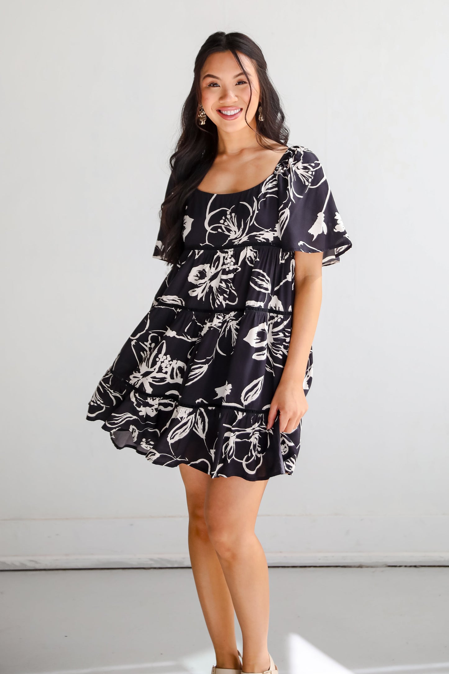 FINAL SALE - Flowering Day Black Floral Tiered Mini Dress