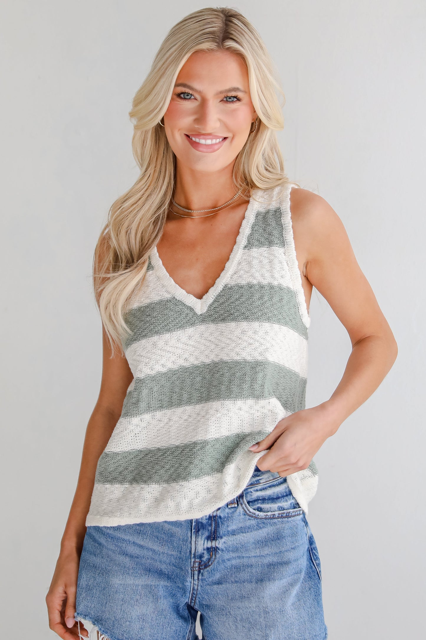 Intentionally Breezy Sage Striped Knit Tank - DU DEAL