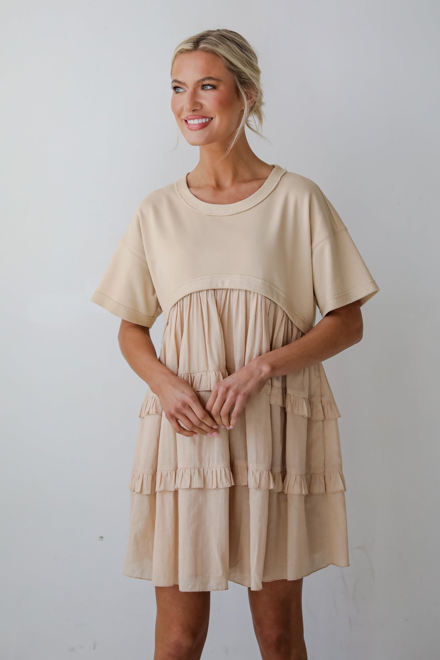 FINAL SALE - Make A Day Of It Taupe Contrast Ruffle Mini Dress