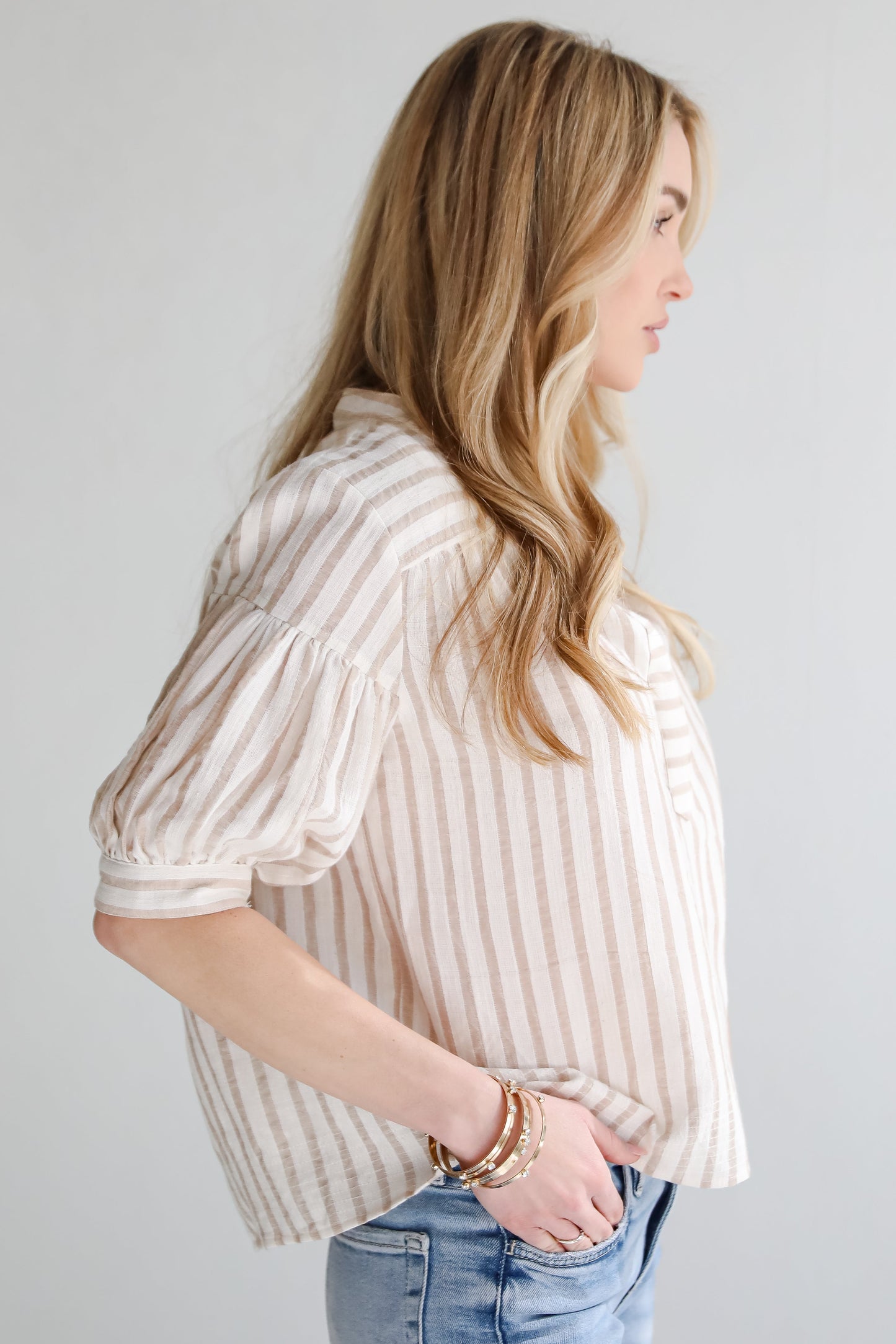 FINAL SALE - Blissfully Beaming Taupe Striped Blouse