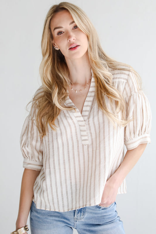 FINAL SALE - Blissfully Beaming Taupe Striped Blouse